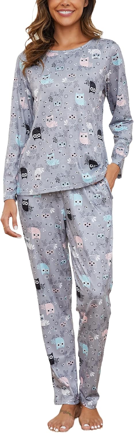 Detalle de Reliwel Damen-Schlafanzug Lang aus Baumwolle – Pyjama-Set mit Langarm-Oberteil und langer Schlafanzughose