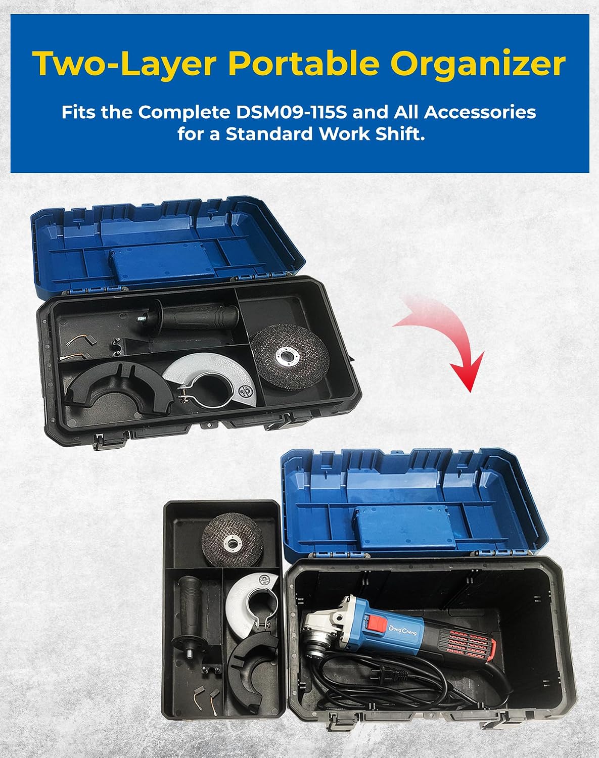 Thumbnail 1 de Dong Cheng 115mm 800W Angle Grinder with Storage Hard Case (Compact, Quick-Change Guard)