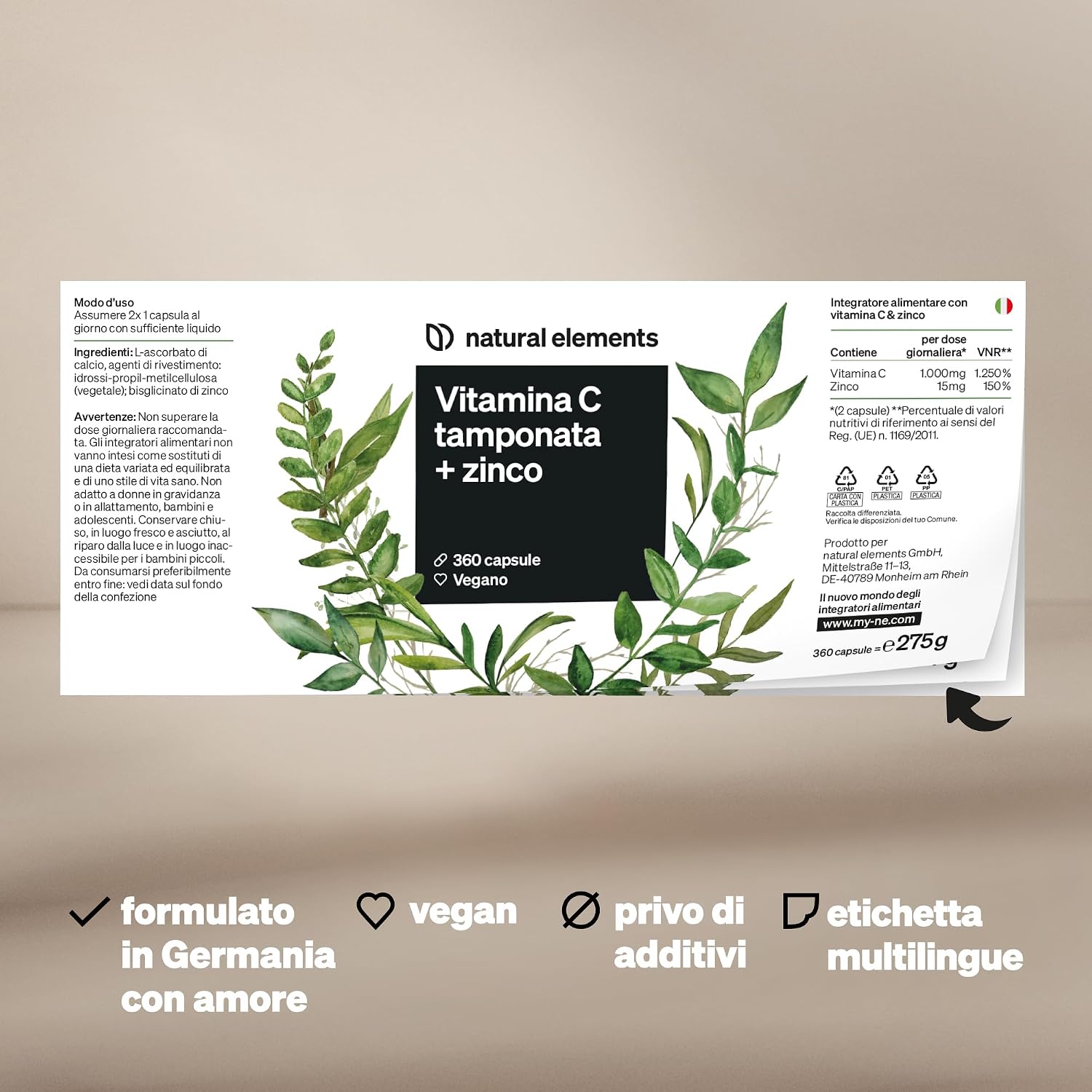 Detalle de Natural Elements Vitamina C 360 capsule (1000 mg + 15 mg zinco) fermentata e tamponata a base vegetale