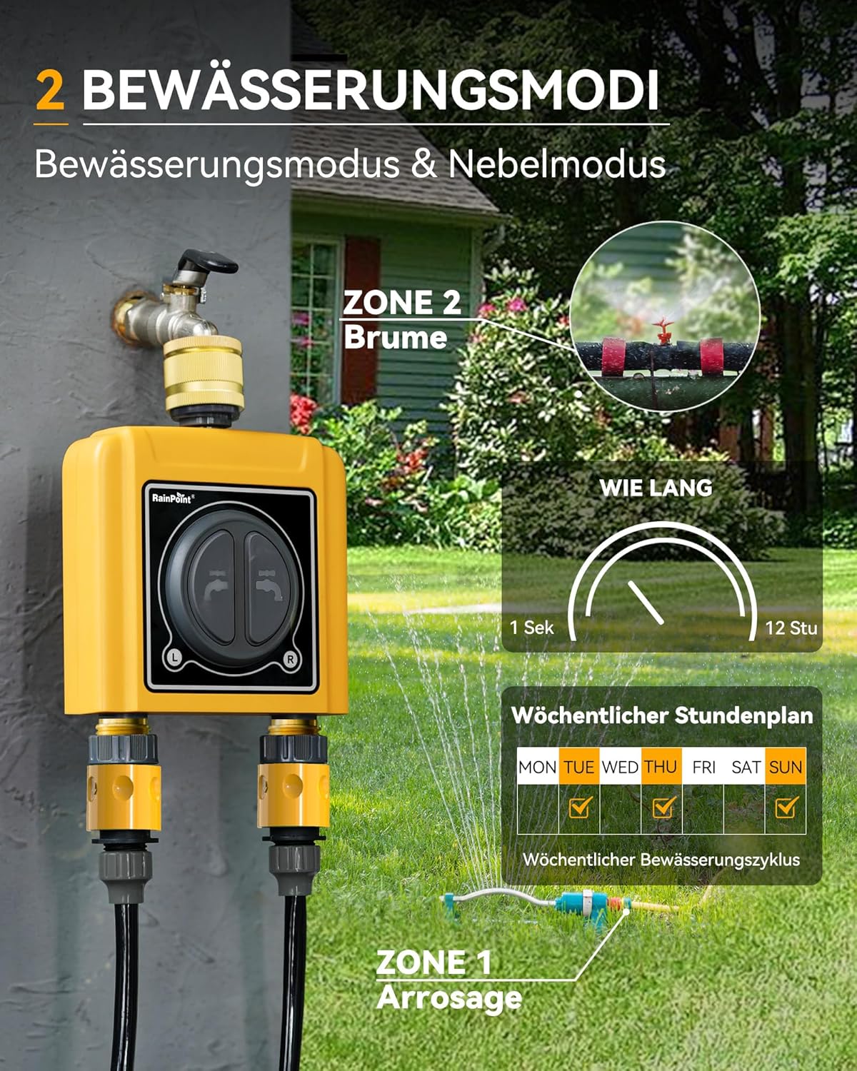 Thumbnail 2 de RAINPOINT Bewässerungscomputer WLAN 2 Ausgänge – 100% Messing-Einlass, ohne WiFi-Hub (TwG004WRF erforderlich) – flexible Bewässerung für Garten, Rasen und Gewächshaus