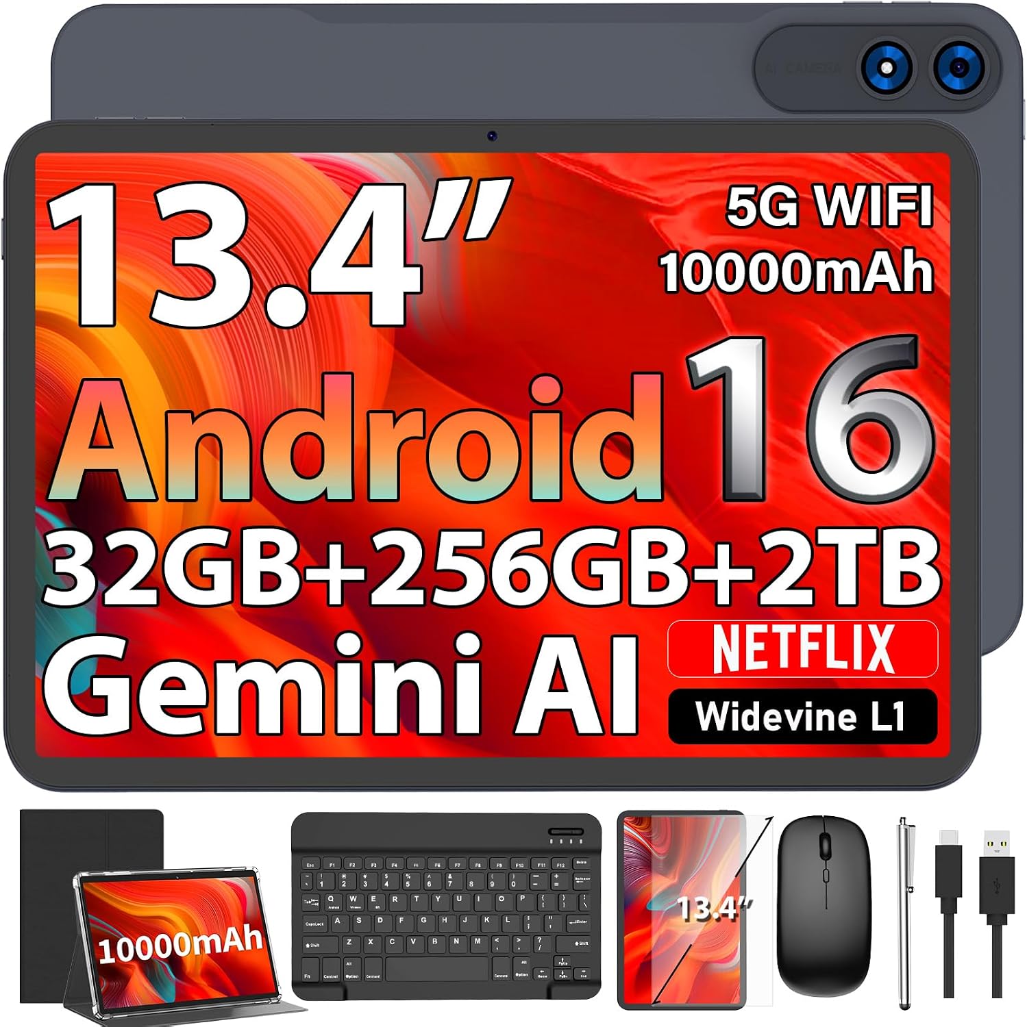 Detalle de 13 Inch Android 16 Tablet with Keyboard (2-in-1) – 32GB RAM + 256GB, up to 2TB Expand, Gemini AI