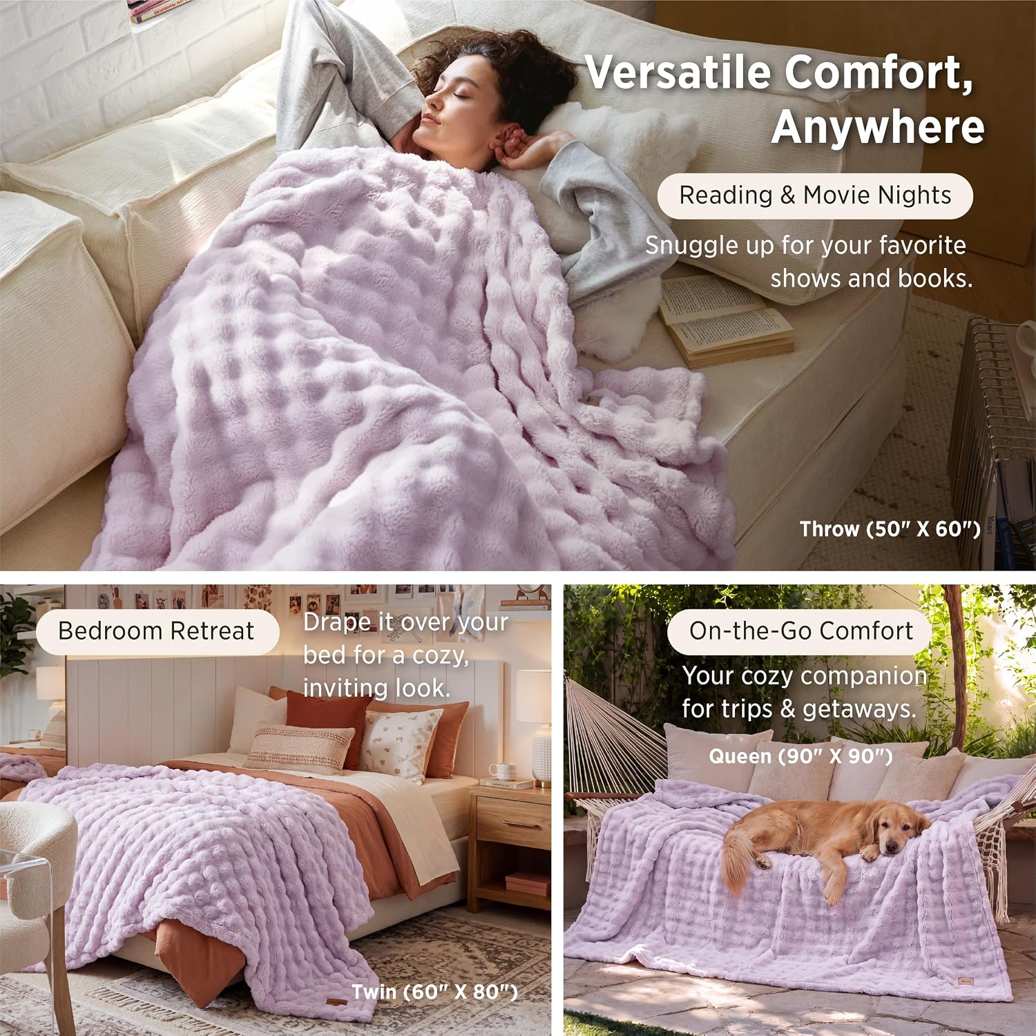 Detalle 2 de Bedsure Bubble Throw Blanket, Queen 90" x 90", Light Purple 3D Texture