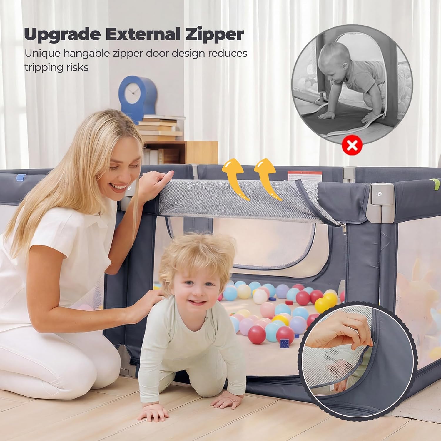 Detalle 2 de Kidirect Foldable Baby Playpen, 71" × 69", Gray Mesh, 8 Panels