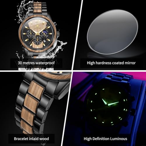 Detalle 2 de OLEVS Montre chronographe pour homme – Bois massif ou acier inoxydable, étanche 30 m, finition zèbre