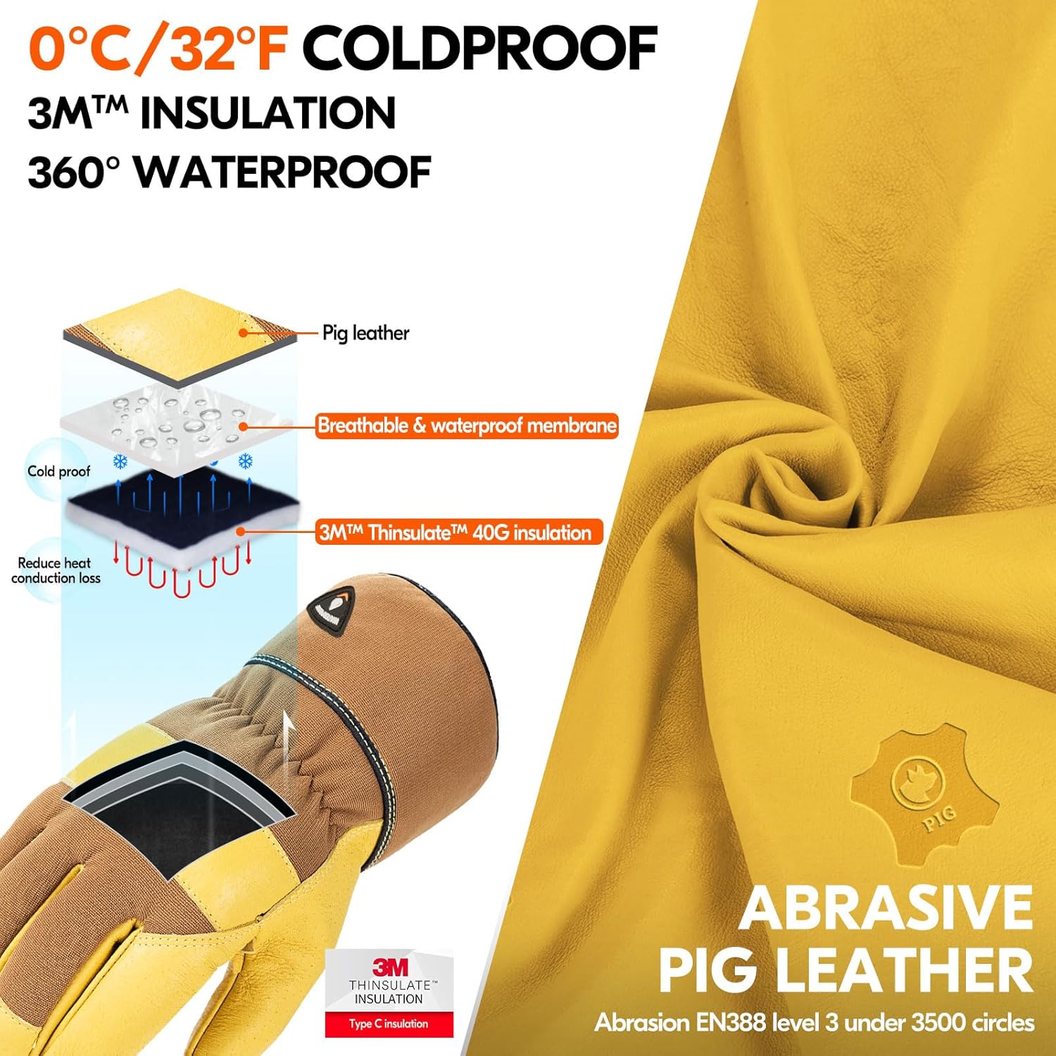 Thumbnail 1 de Vgo... guanti da lavoro invernali in pelle bovina impermeabili, 0°C/32°F