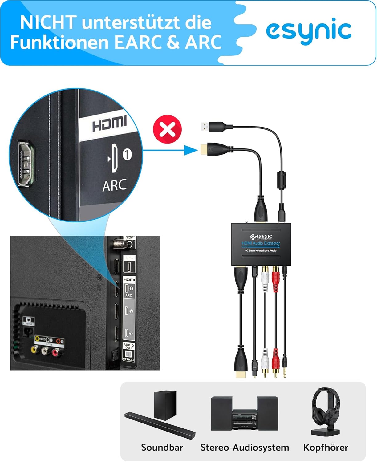 Thumbnail 6 de eSynic Professioneller HDMI-Audio-Extraktor: 4K-HDMI-Adapter mit SPDIF, L/R und 3,5-mm-Ausgang