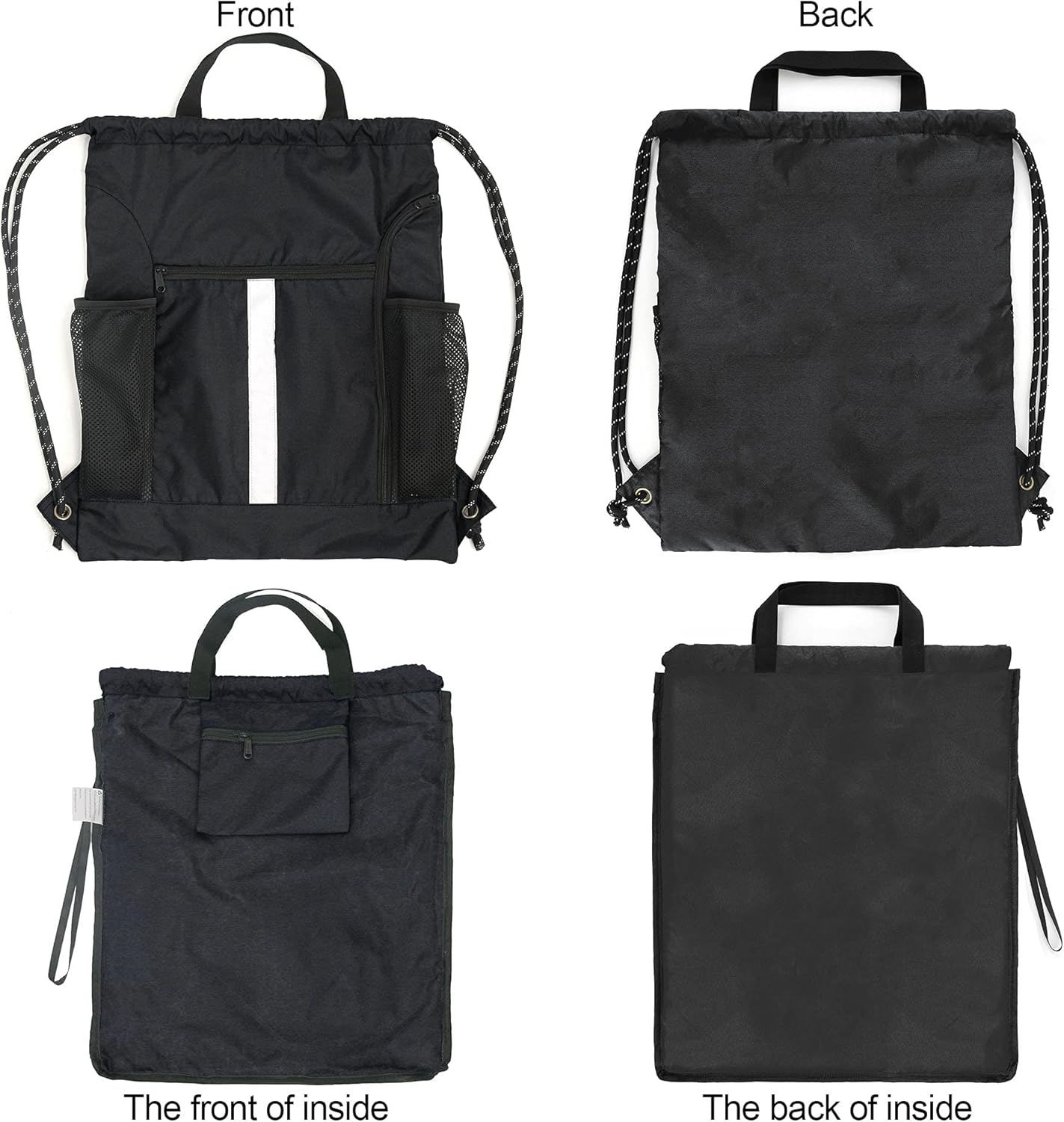 Detalle de BeeGreen Large Drawstring Backpack with Shoe Compartment, Water Bottle Holders and Reflective Strips (Black)