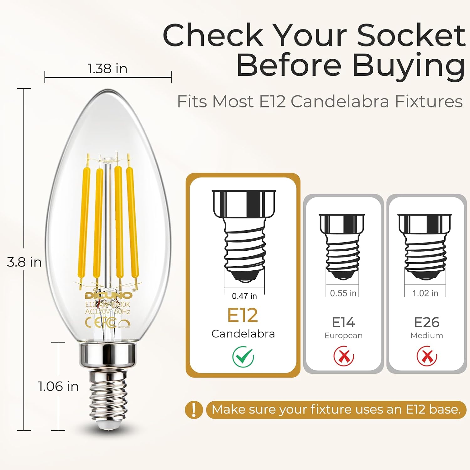 Thumbnail 6 de DiCUNO CA-120V-EB-E12-C35-4W-DMB-NW-6P E12 LED Candelabra Bulbs, 4000K, Dimmable, 6-Pack