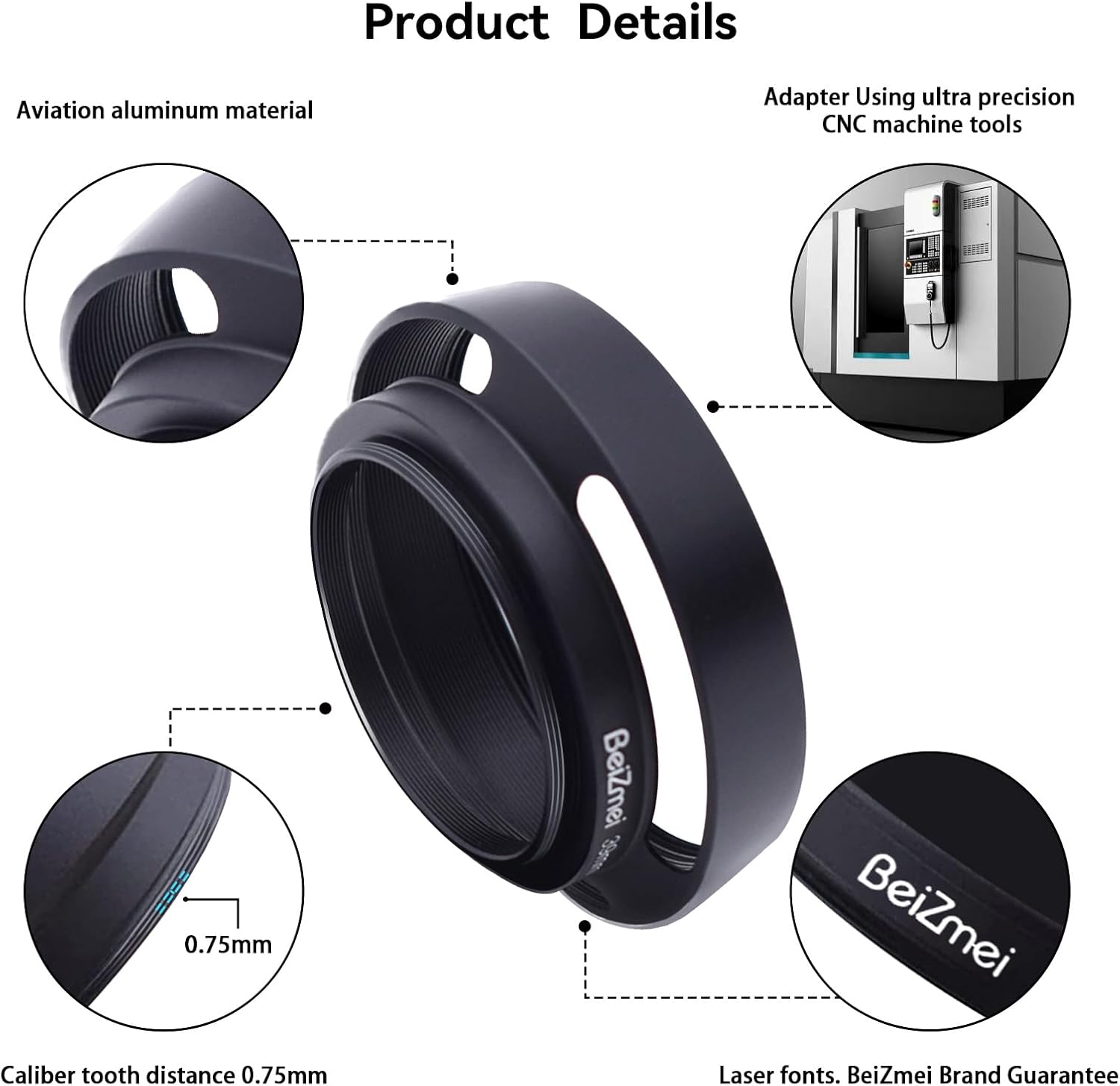 Detalle de BEIZMEI 72mm Camera Lens Hood with 72mm Lens Cap – CNC metal hood for Ø72mm filter-thread lenses