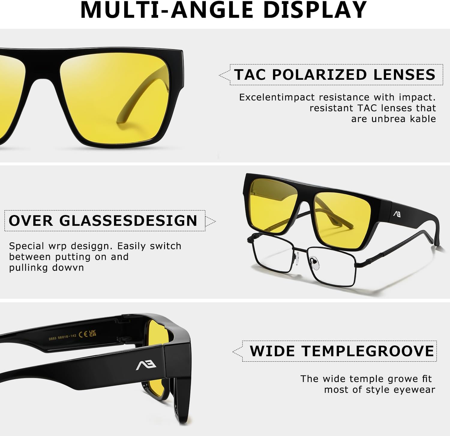 Detalle 2 de Kimorn Night Vision Driving Glasses – Fit Over Glasses, Yellow Tint, Anti-Glare (Oversized)