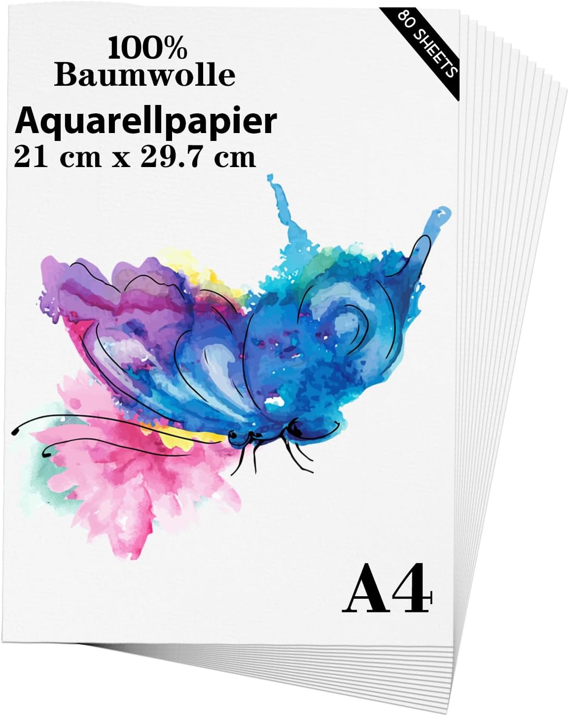Detalle de Aquarellpapier A4 21 x 29,7 cm, 80 Blatt, 300 g/m² – kaltgepresstes Baumwollpapier für Aquarellzeichnungen