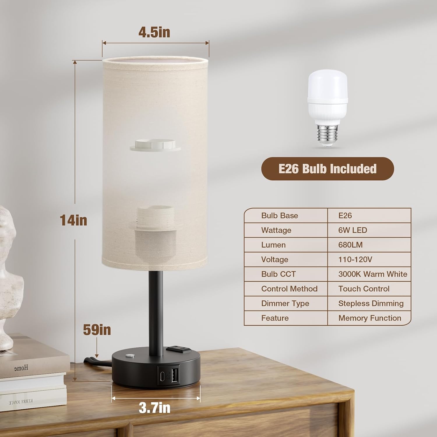 Detalle de aooshine R2TE1 Touch Bedside Lamp, Stepless Dimming, USB-A/C and AC Outlet