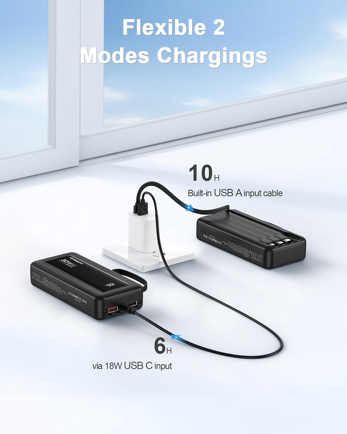 Detalle de FlyKangaroo Power Bank 30W 27000mAh with Built-in Cables and LED Display