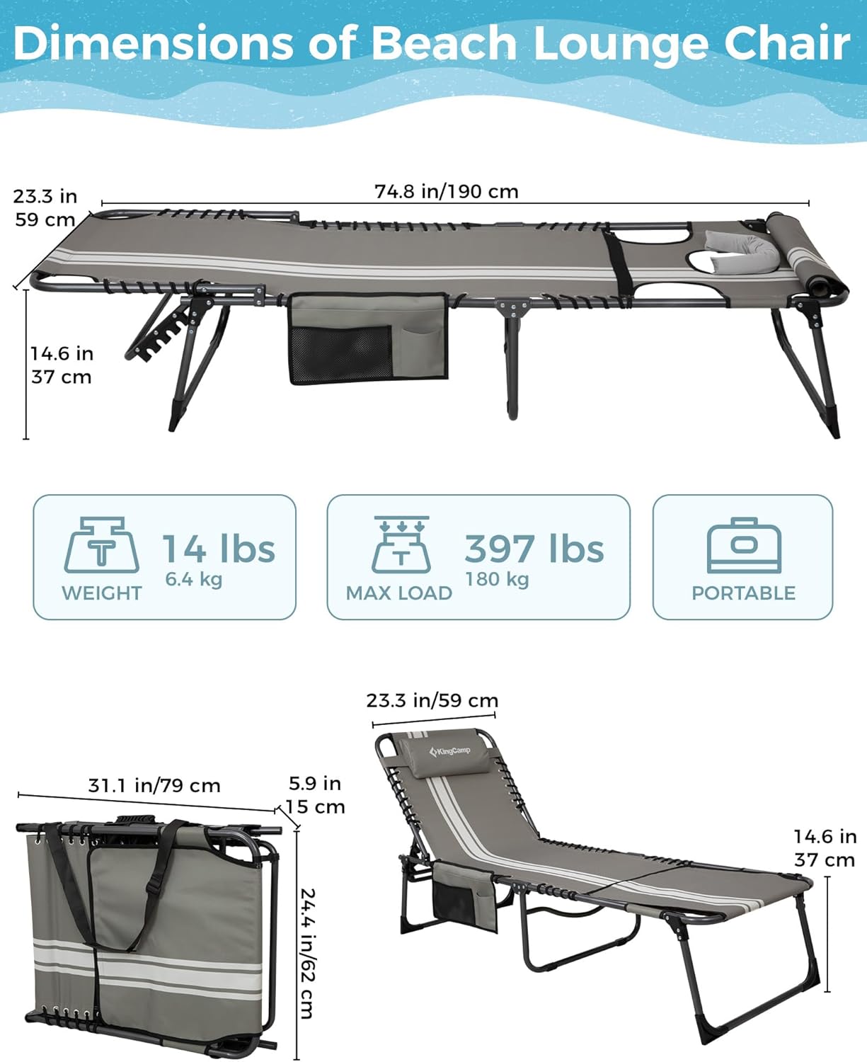 Detalle 2 de KingCamp Sun Lounger with Face Hole (up to 180 kg) – 5-position folding tanning chair for garden and beach