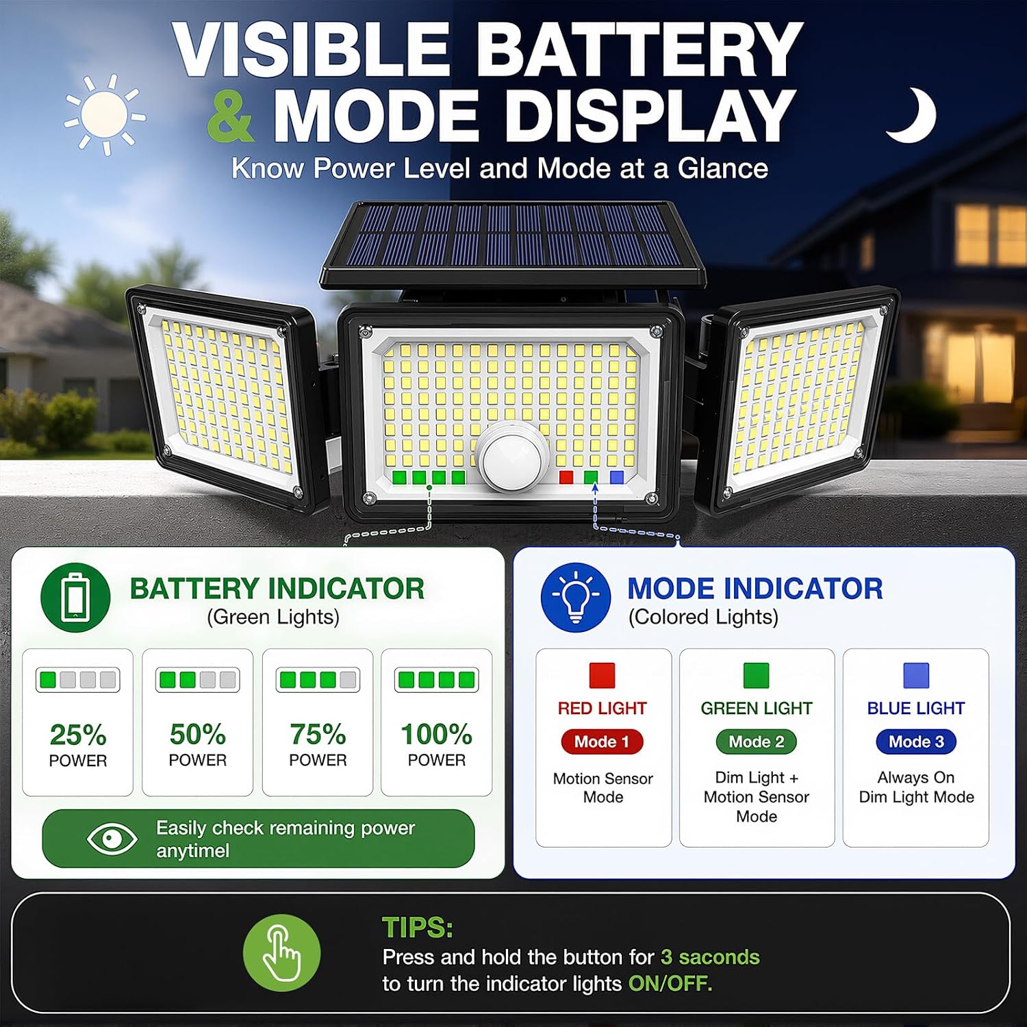 Detalle de Solar Lights Outdoor 286 LEDs 2500LM 3-Head Motion Sensor Flood Light (4-Pack) with Power Display