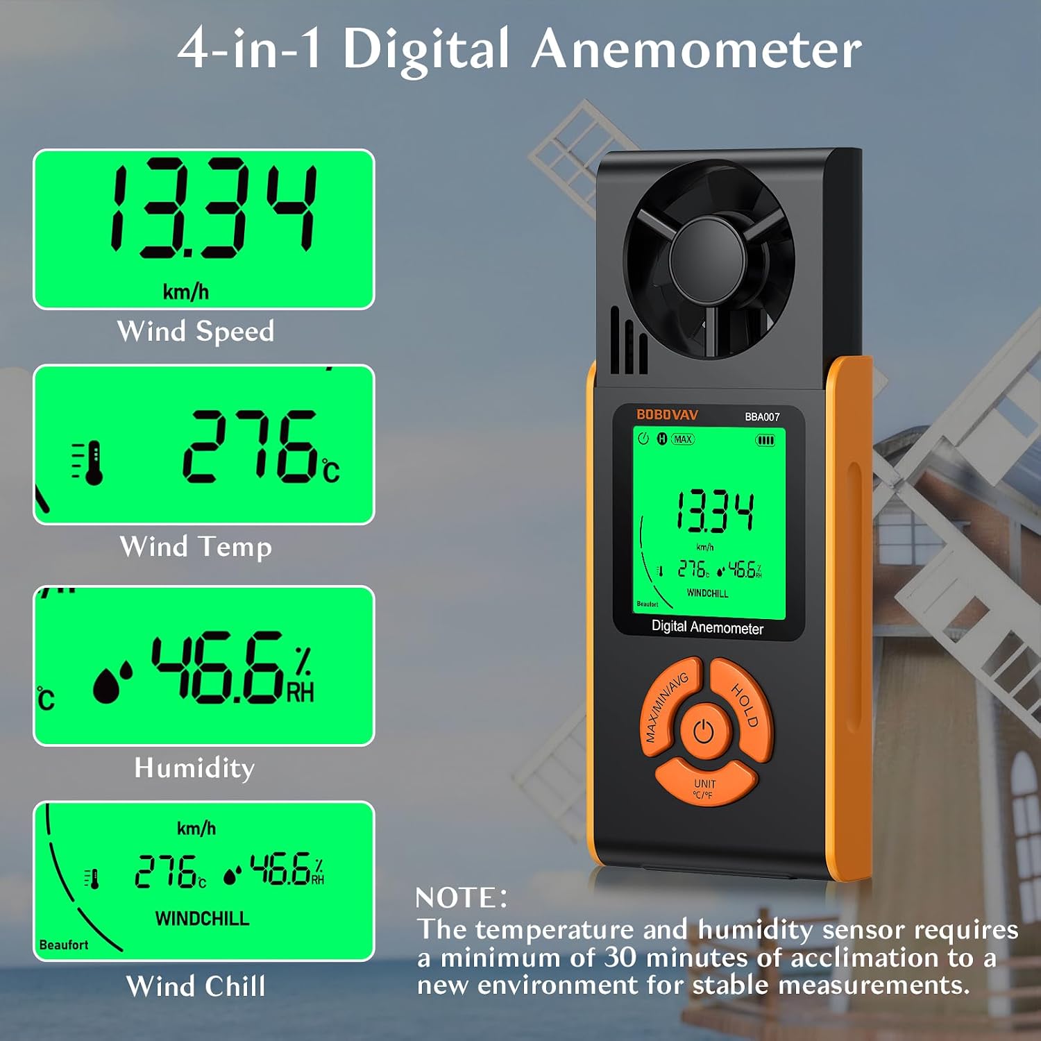 Detalle de BOBOVAV handheld anemometer, 6 wind speed units