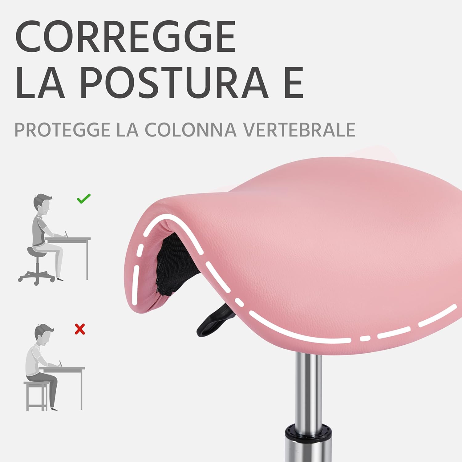 Thumbnail 6 de Yaheetech Sgabello a Sella con Ruote Regolabile in Altezza – Ergonomico, girevole e versatile per salon e studio Rosa