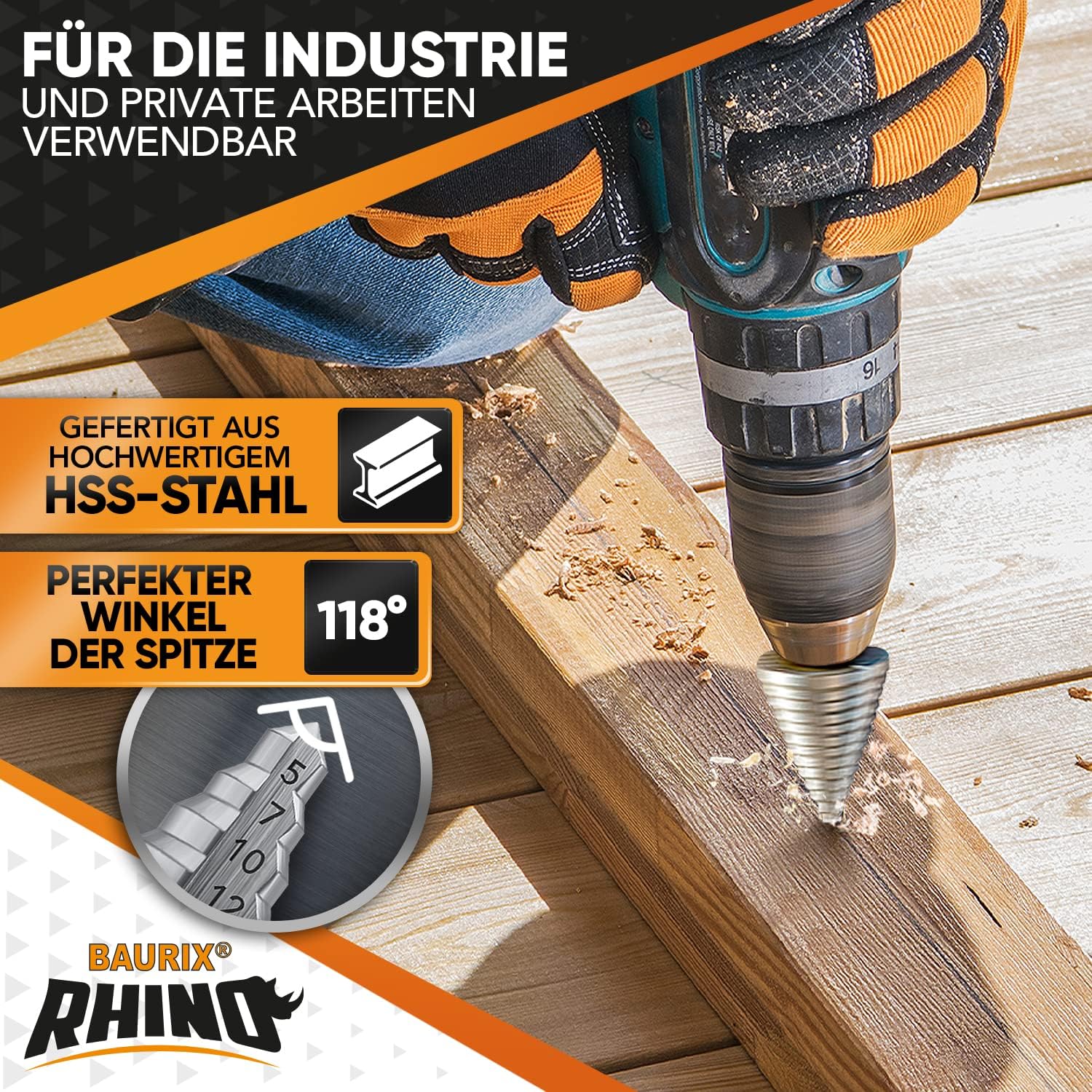 Thumbnail 4 de BAURIX® RHINO® Fresa a Gradini HSS [Ø 5‑35 mm] con alesaggio triangolare da 10 mm