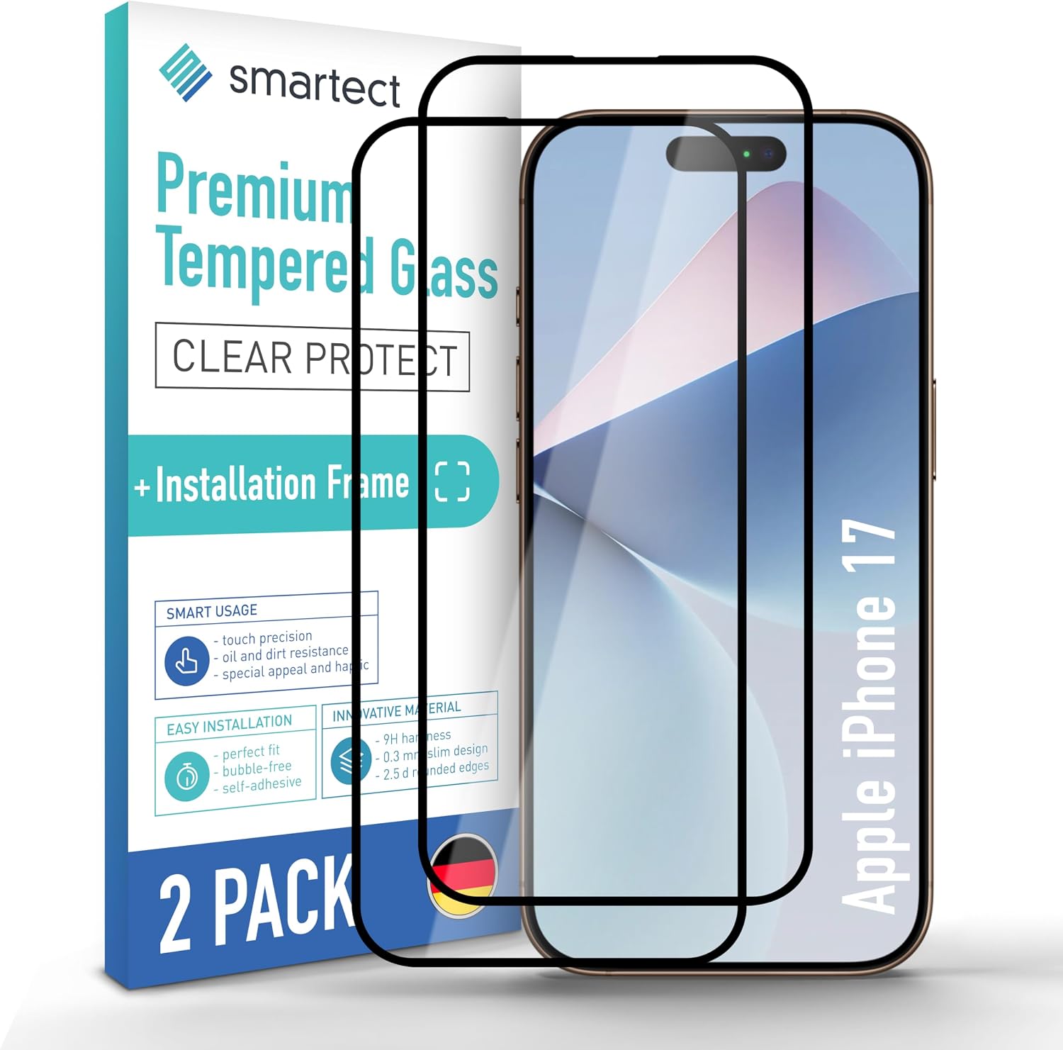 Detalle de SmarTect Glass Screen Protector for iPhone 17, 0.3 mm, 2-Pack with Frame