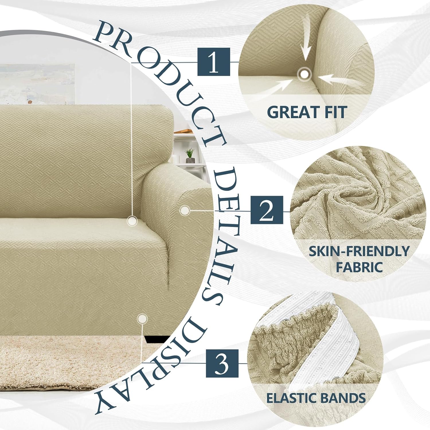 Detalle de Ystyle Housse de canapé extensible 3 places beige clair avec accoudoirs, antidérapante