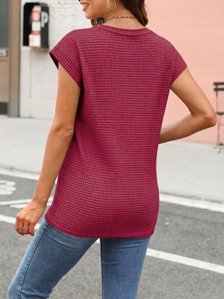 Detalle de Chicrise Damen T Shirt Sommer Rundhals mit Waffelstrick – Bluse Kurzarm, Basic Business Outfit