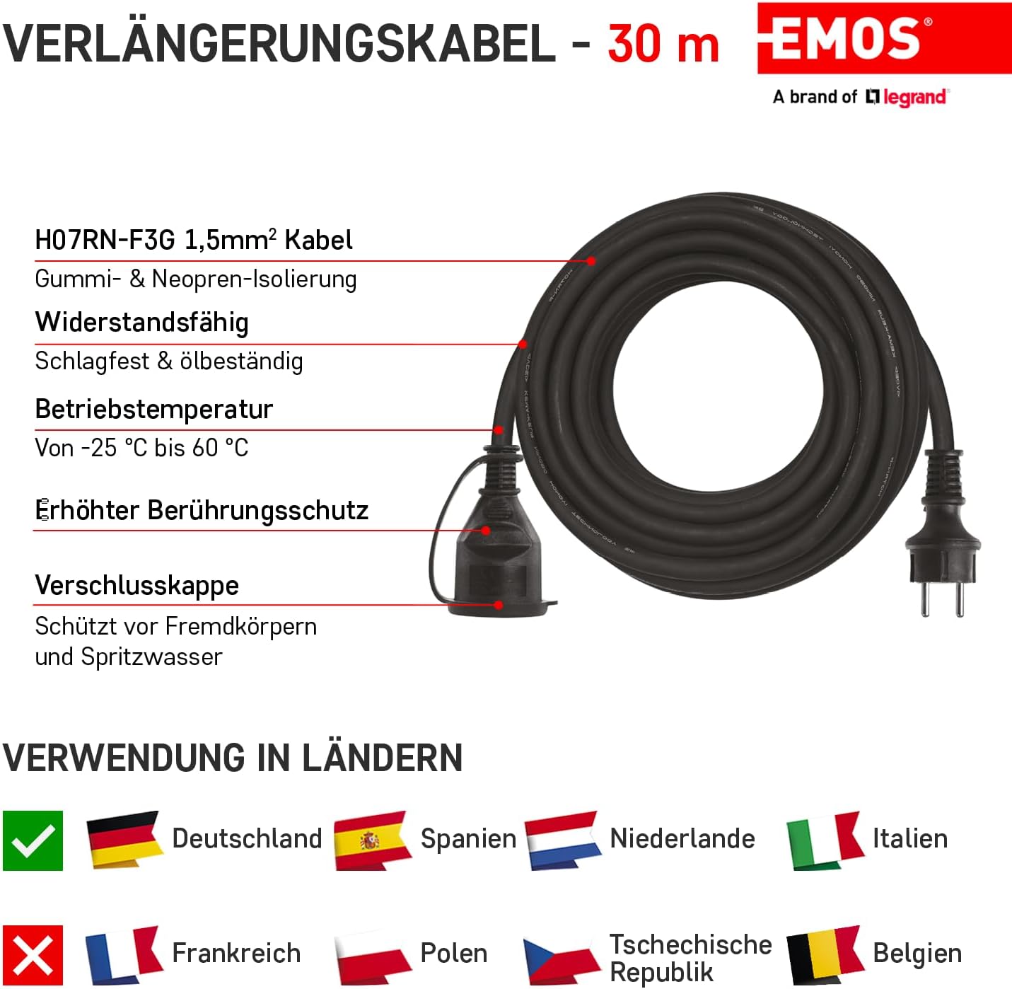 Detalle de EMOS IP44 Verlängerungskabel 30 m (1 Schuko, wasserdicht) – H07RN-F 3G 1,5 mm², schwarz