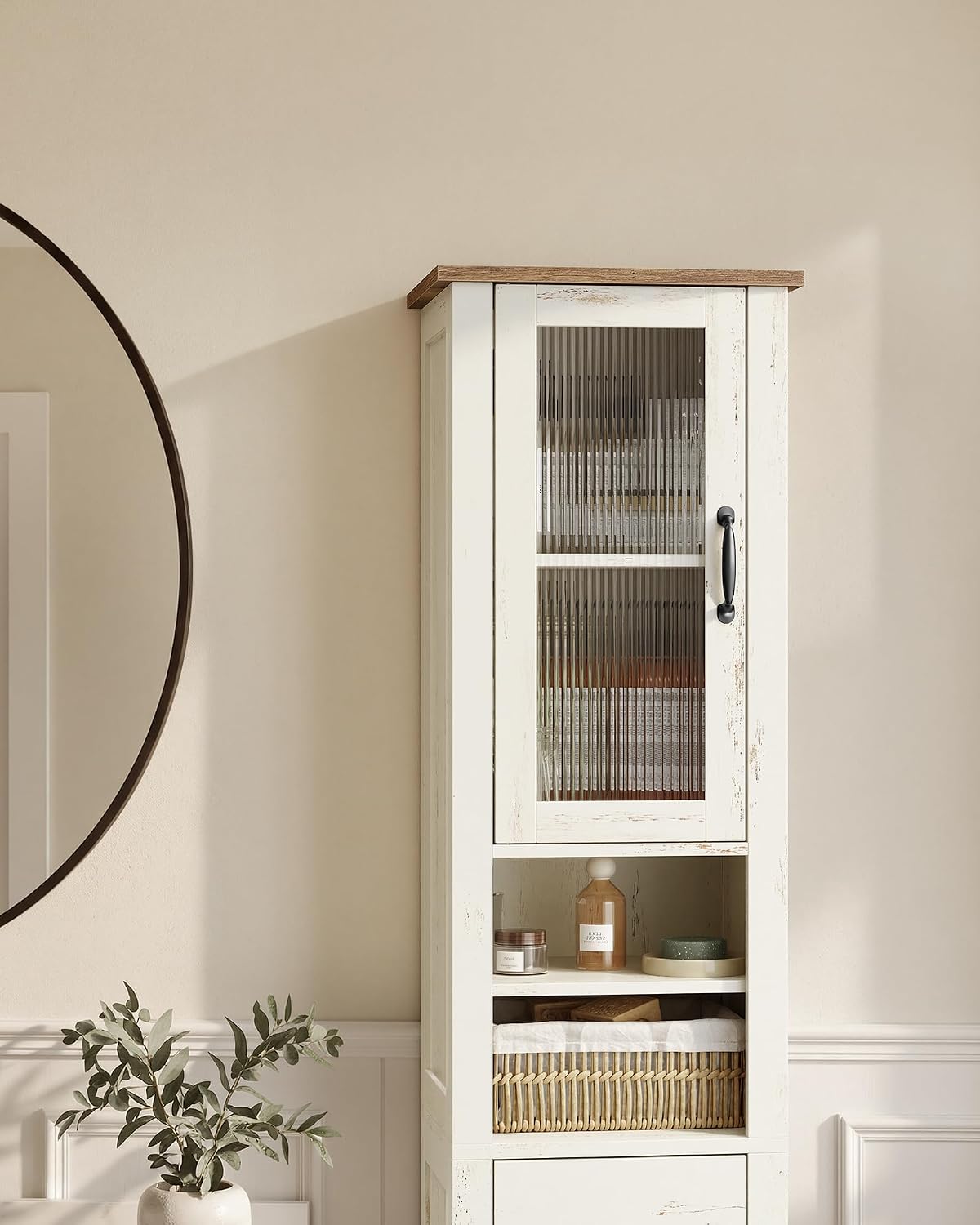 Detalle de VASAGLE LIRY BBK660W101 Tall Bathroom Cabinet, Reversible Doors, White and Honey Brown