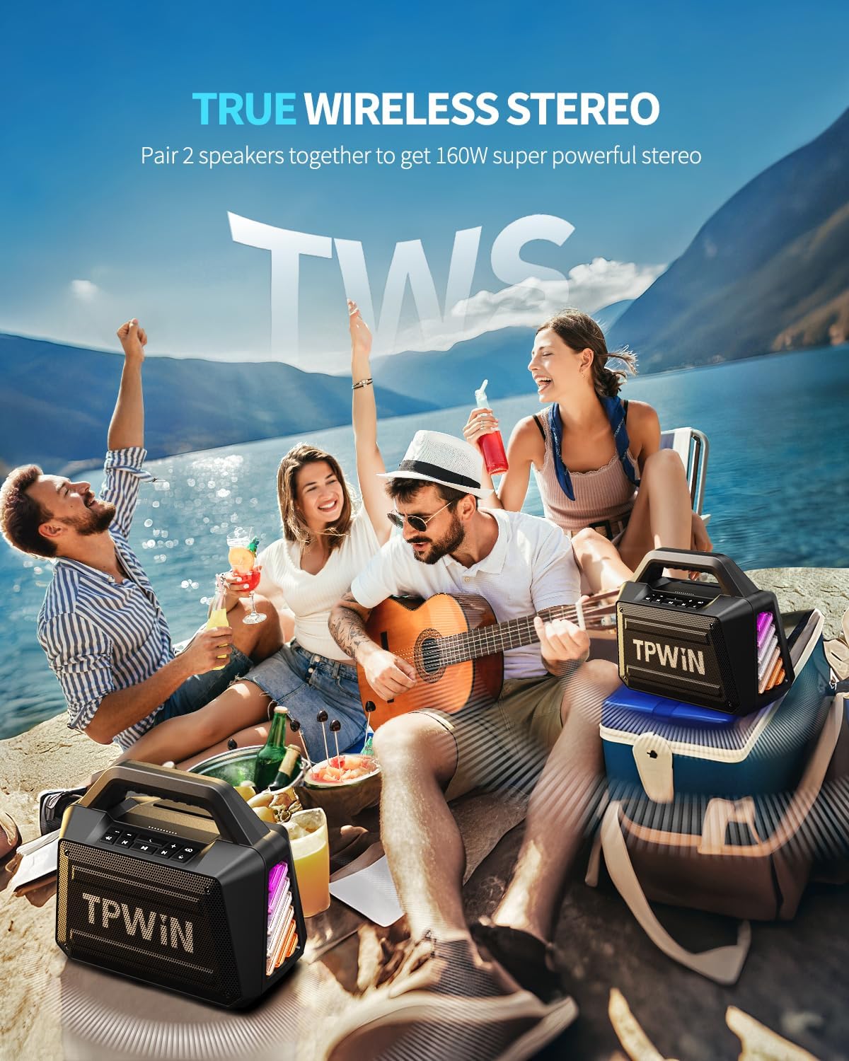Detalle 2 de TPWIN Portable Bluetooth Speakers (80W Peak) with BT 5.3, IPX6, TWS & Light Shows - Yellow