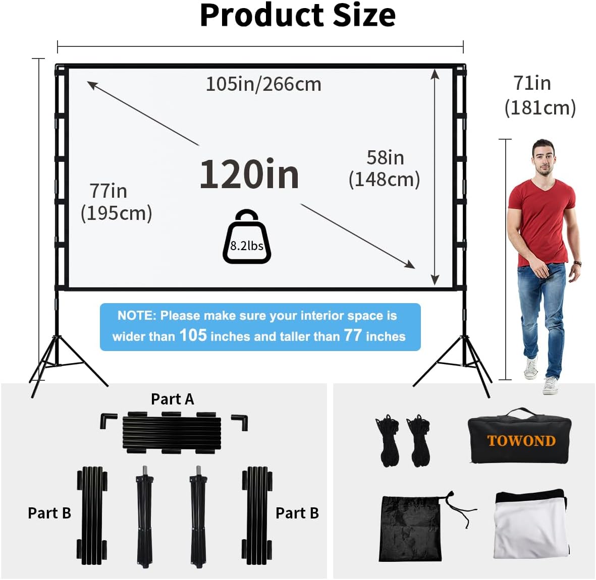 Thumbnail 1 de TOWOND Outdoor Projector Screen with Stand, 120-inch Portable 16:9 (Double-Sided) Foldable Projection Screen