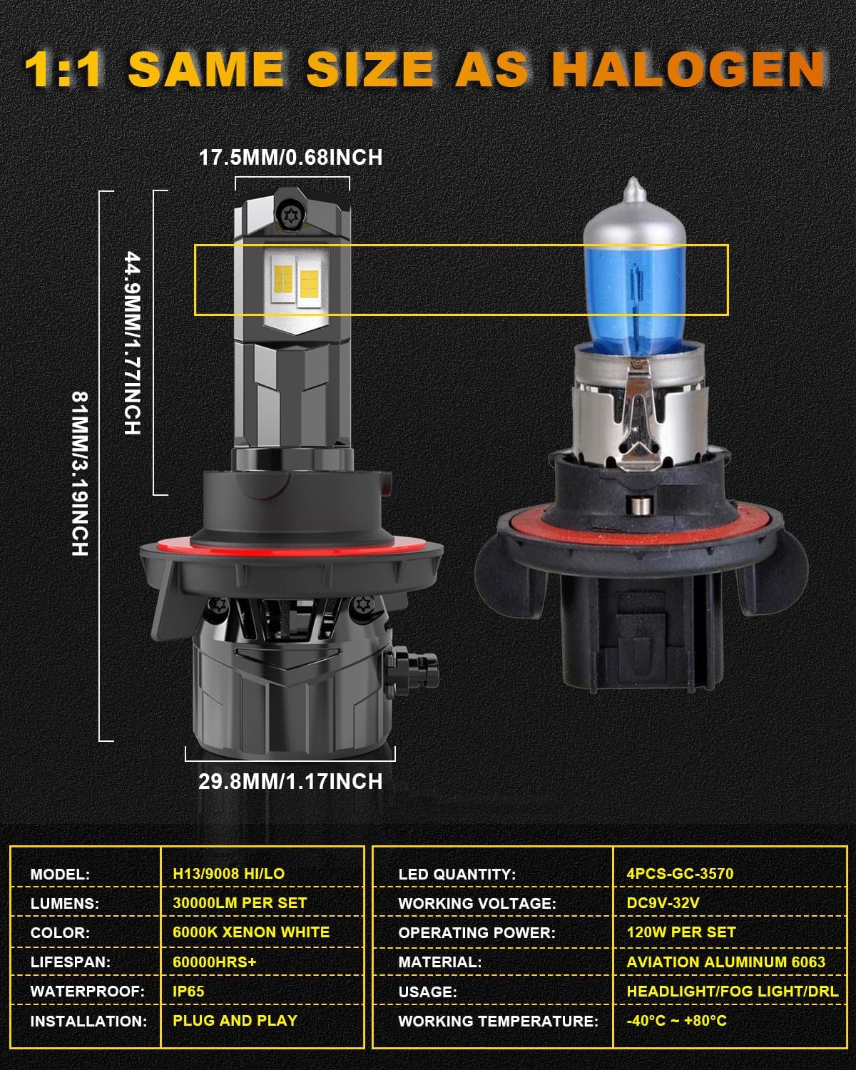 Detalle de KATUR H13 LED Headlight Bulbs 120W 30000LM – 1:1 Plug & Play, 6000K Xenon White (Pack of 2)