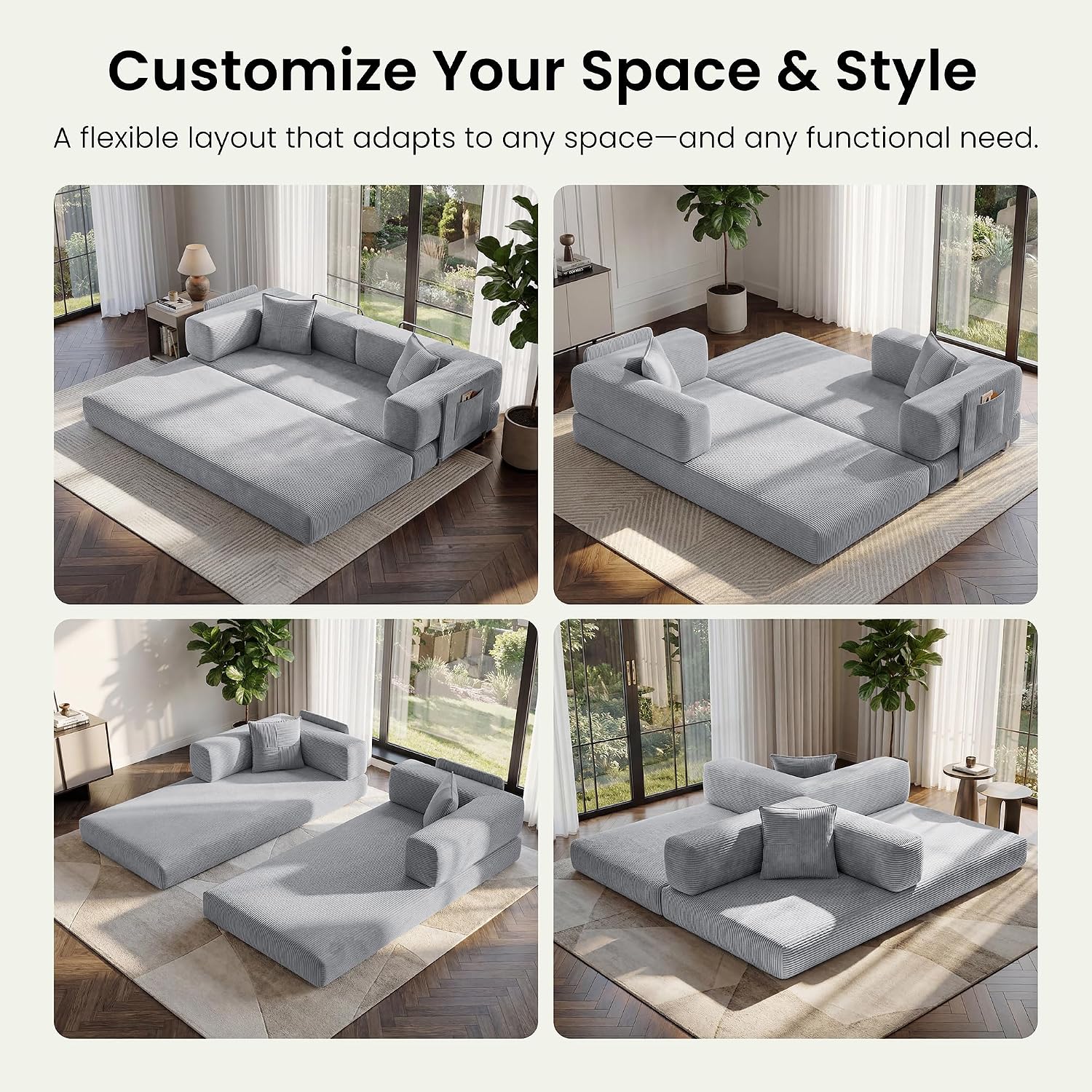 Thumbnail 2 de CUBENTE MX-CB Convertible Futon Sofa Bed, 78.8-Inch Gray Corduroy, 4-in-1