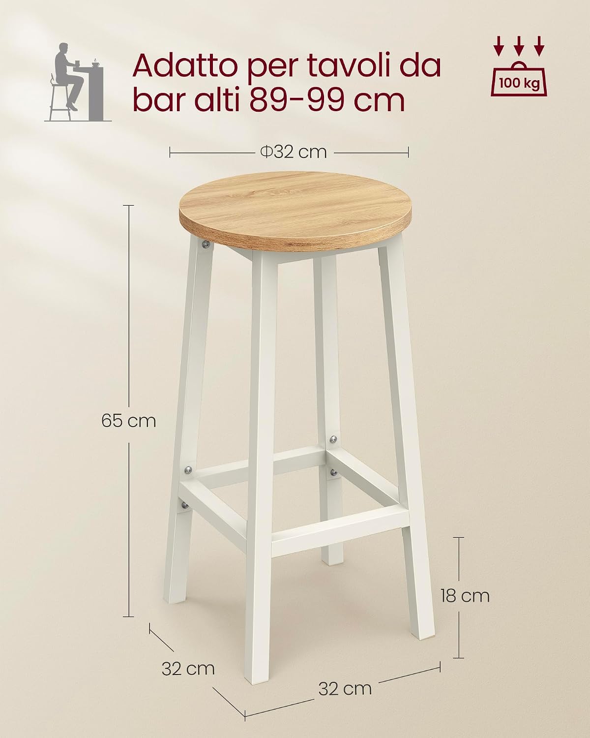 Detalle de VASAGLE Set di 2 Sgabelli da Bar 65 cm in Metallo con Poggiapiedi – Beige Rovere e Bianco, LBC032W09