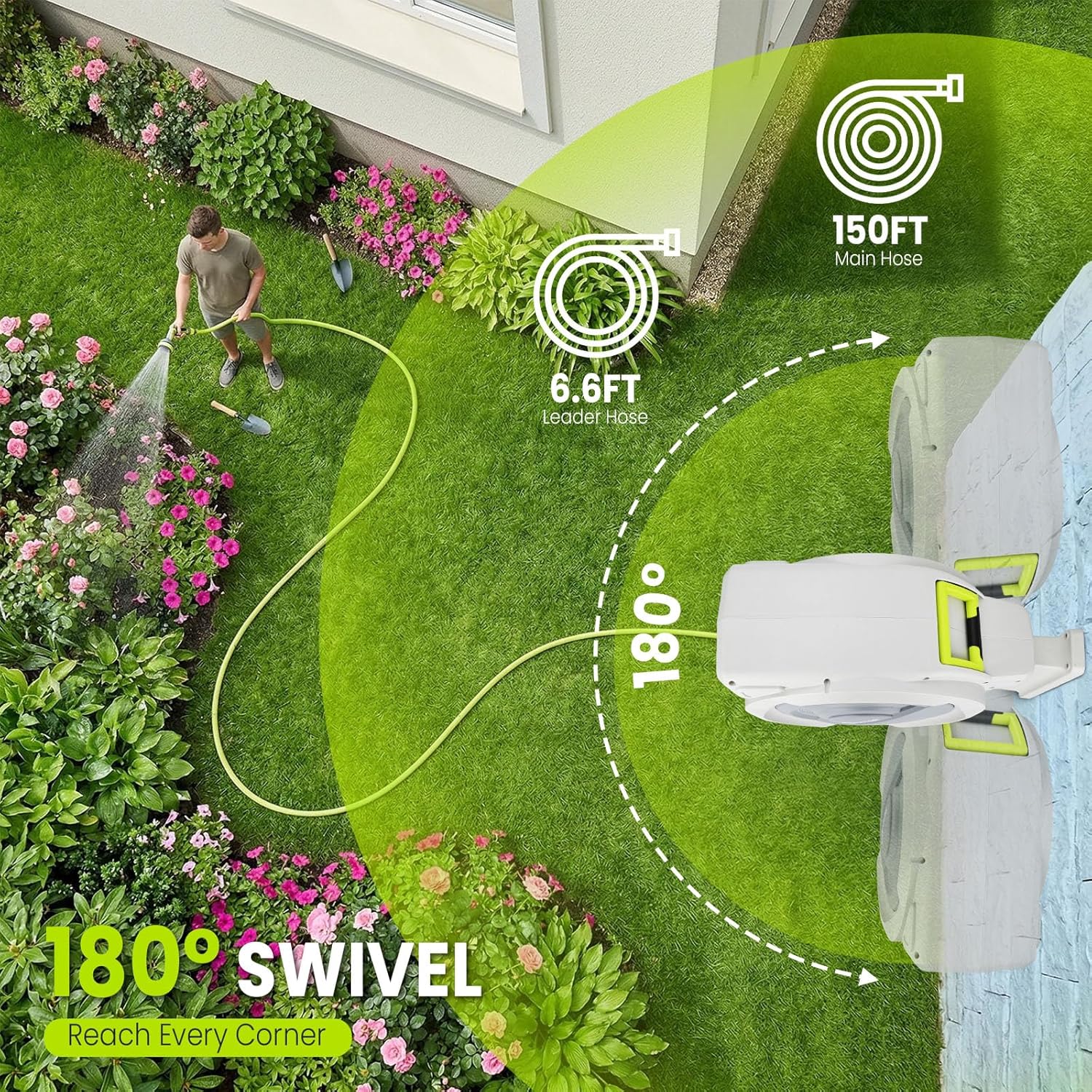 Detalle de Bietor Retractable Garden Hose Reel with 45m Main Hose + 2m Lead, UV-Resistant Wall Mount, 10-Pattern Nozzle, 180° Swivel, Slow Return