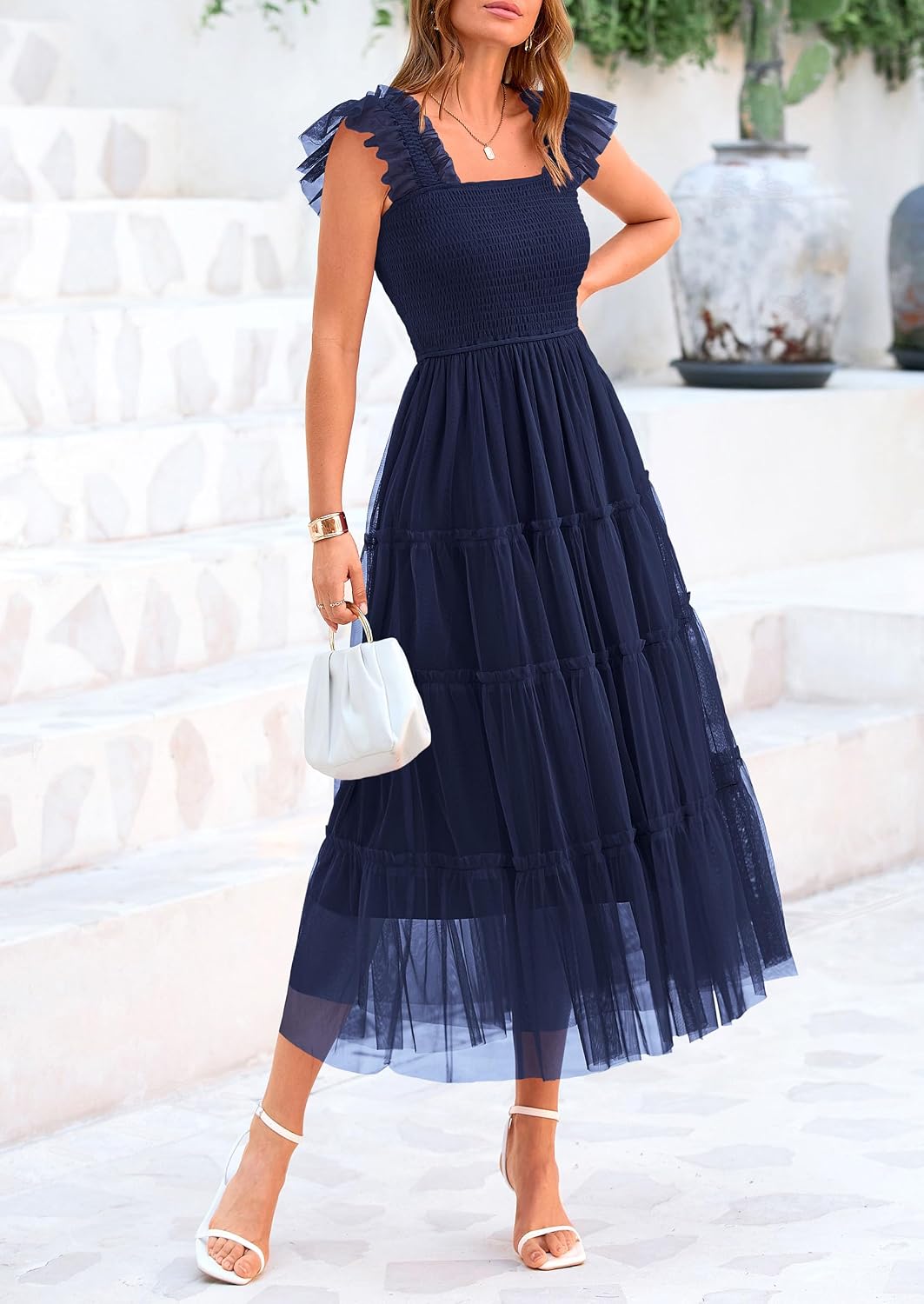 Detalle de PRETTYGARDEN Women's Summer Tulle Midi Dress - Sleeveless Smocked Ruffle Flowy Mesh Sundress