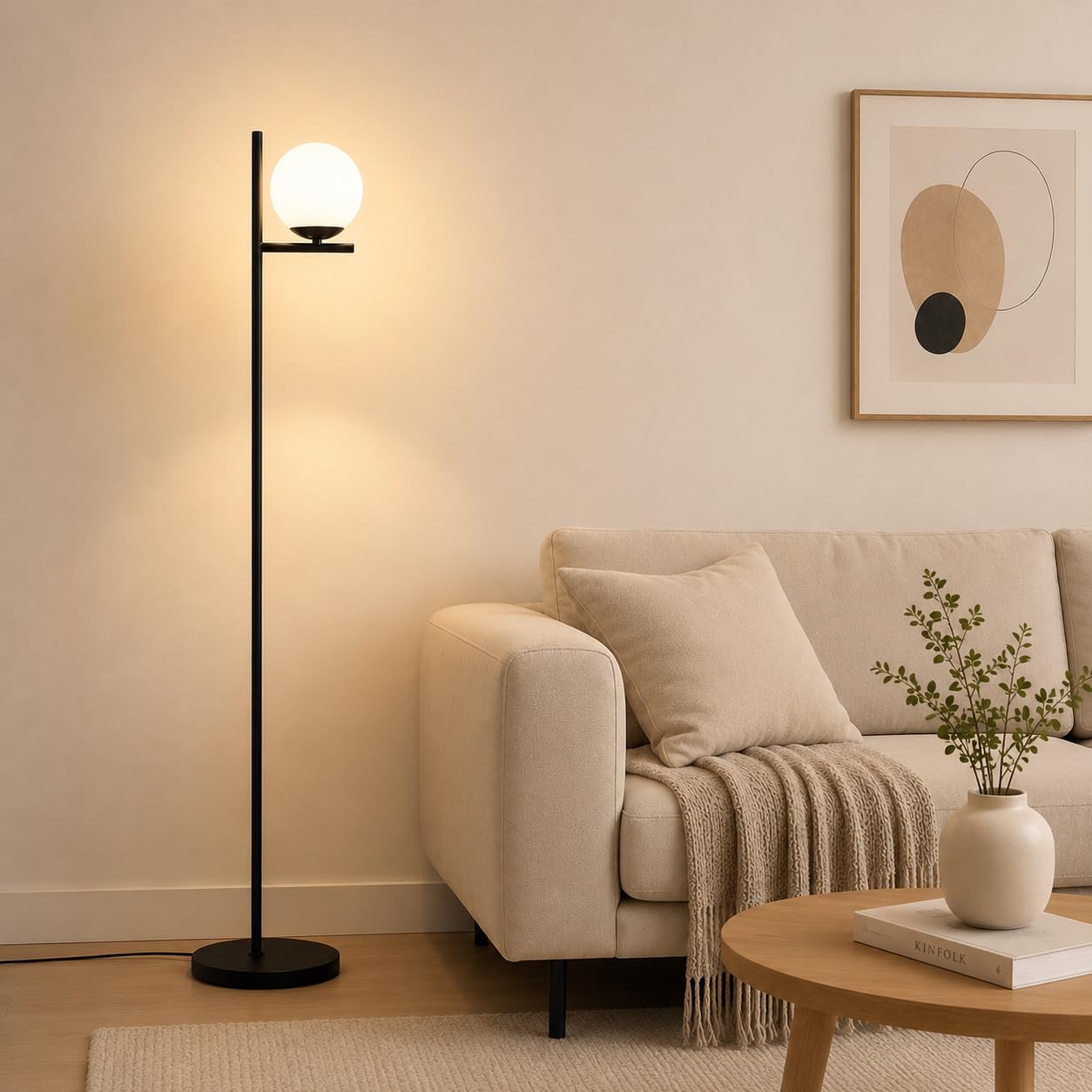 Detalle de ZMH Lampada da terra industriale nera con paralume in vetro bianco e interruttore a pedale