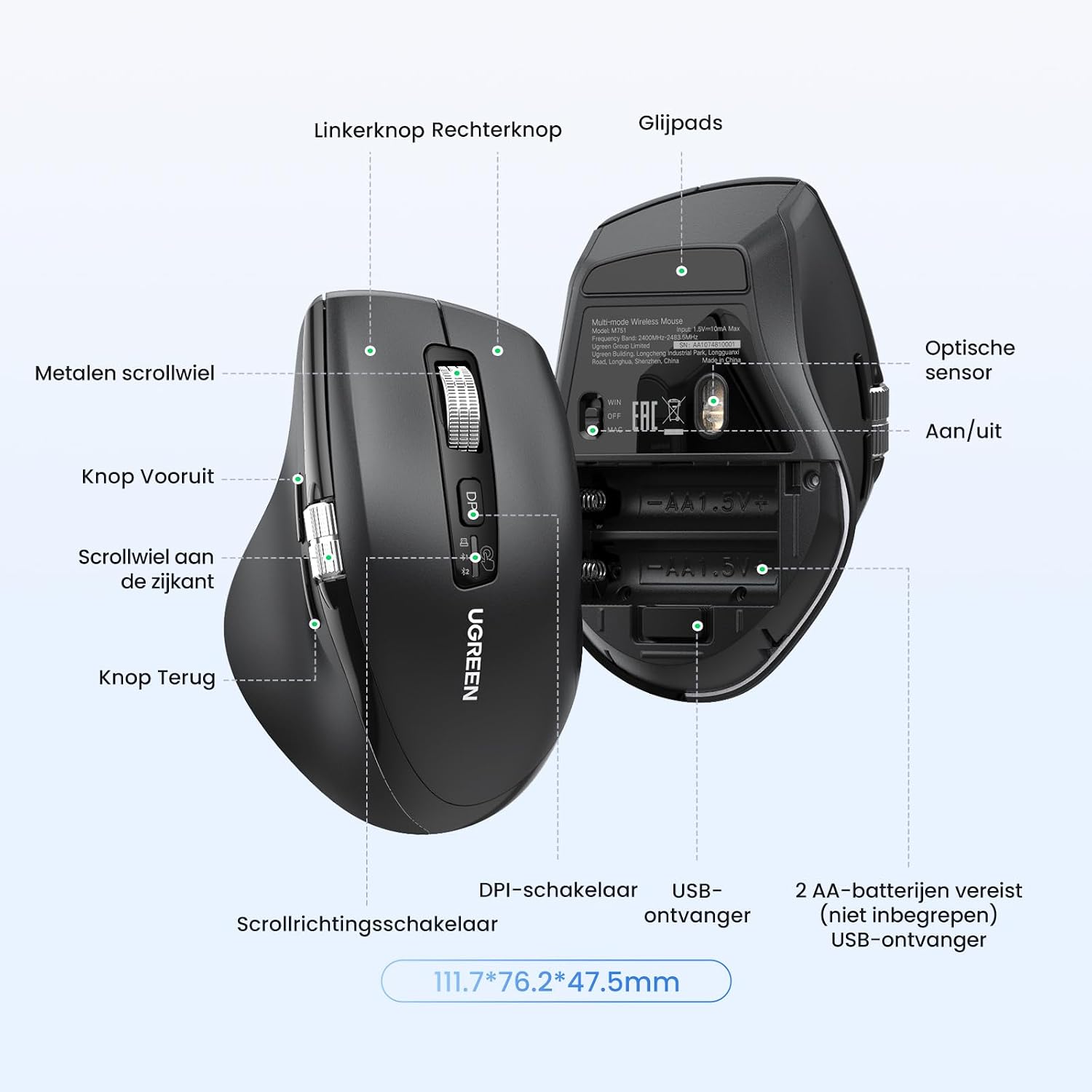 Thumbnail 6 de UGREEN draadloze muis met 2,4GHz en Bluetooth, stille klik en vijf dpi-niveaus
