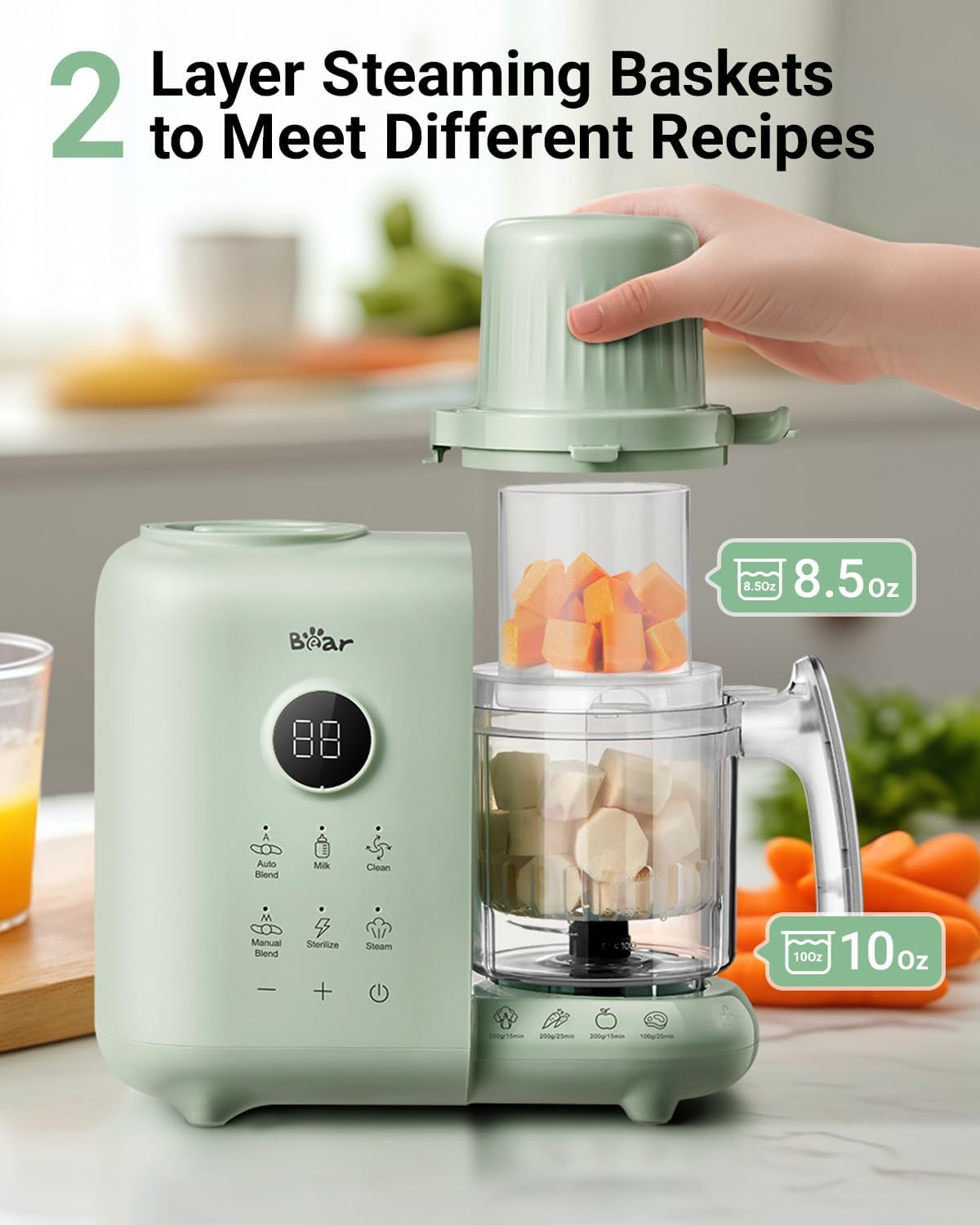 Detalle de Bear SJJ-M03P1-GREEN Baby Food Maker with Dual-Layer Steam Baskets