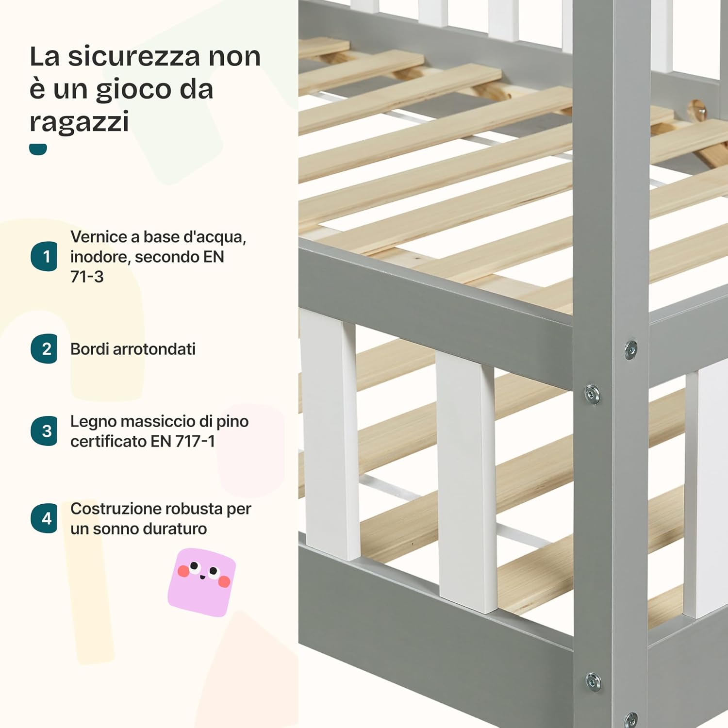 Thumbnail 2 de Letto per Cameretta a Forma di Casetta con Barriera di Protezione in Legno di Pino, 140 x 200 cm – Grigio Chiaro/Bianco