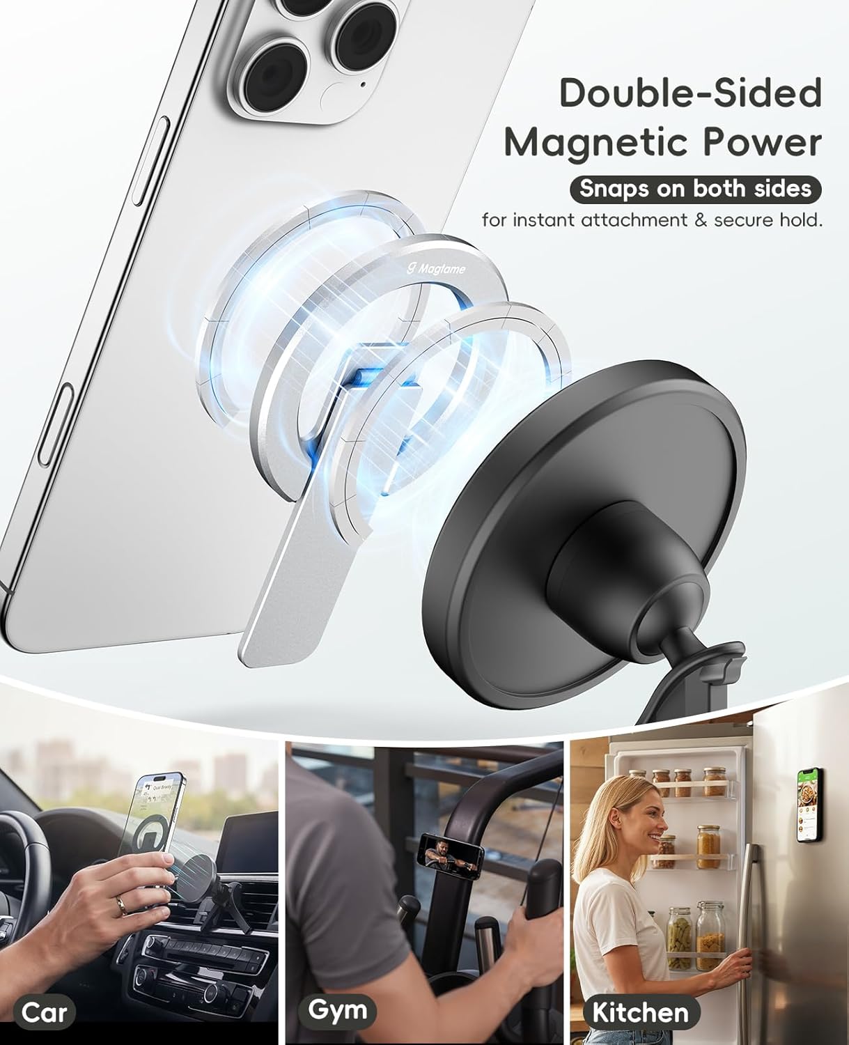Thumbnail 1 de Magtame supporto magnetico per telefono doppia faccia con rotazione 360° e regolazione, argento
