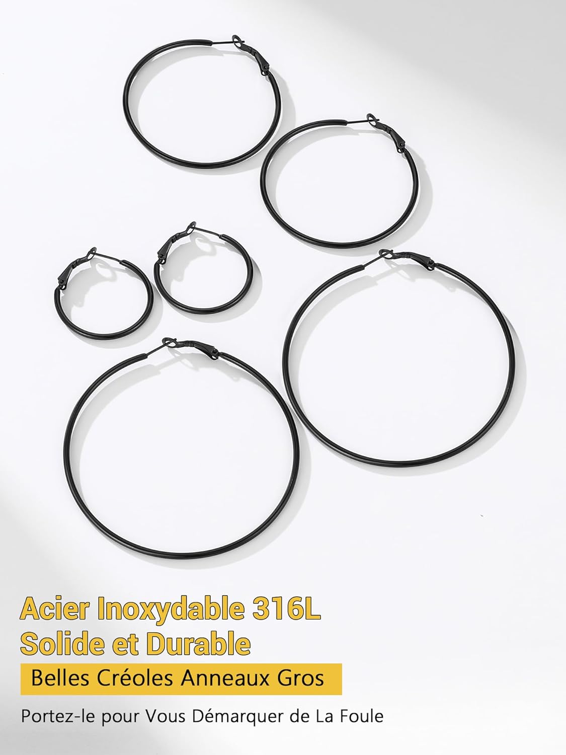 Thumbnail 1 de PROSTEEL Créoles Femme 30/50/70 mm – Lot de 3 paires en acier inoxydable 316L (noir)