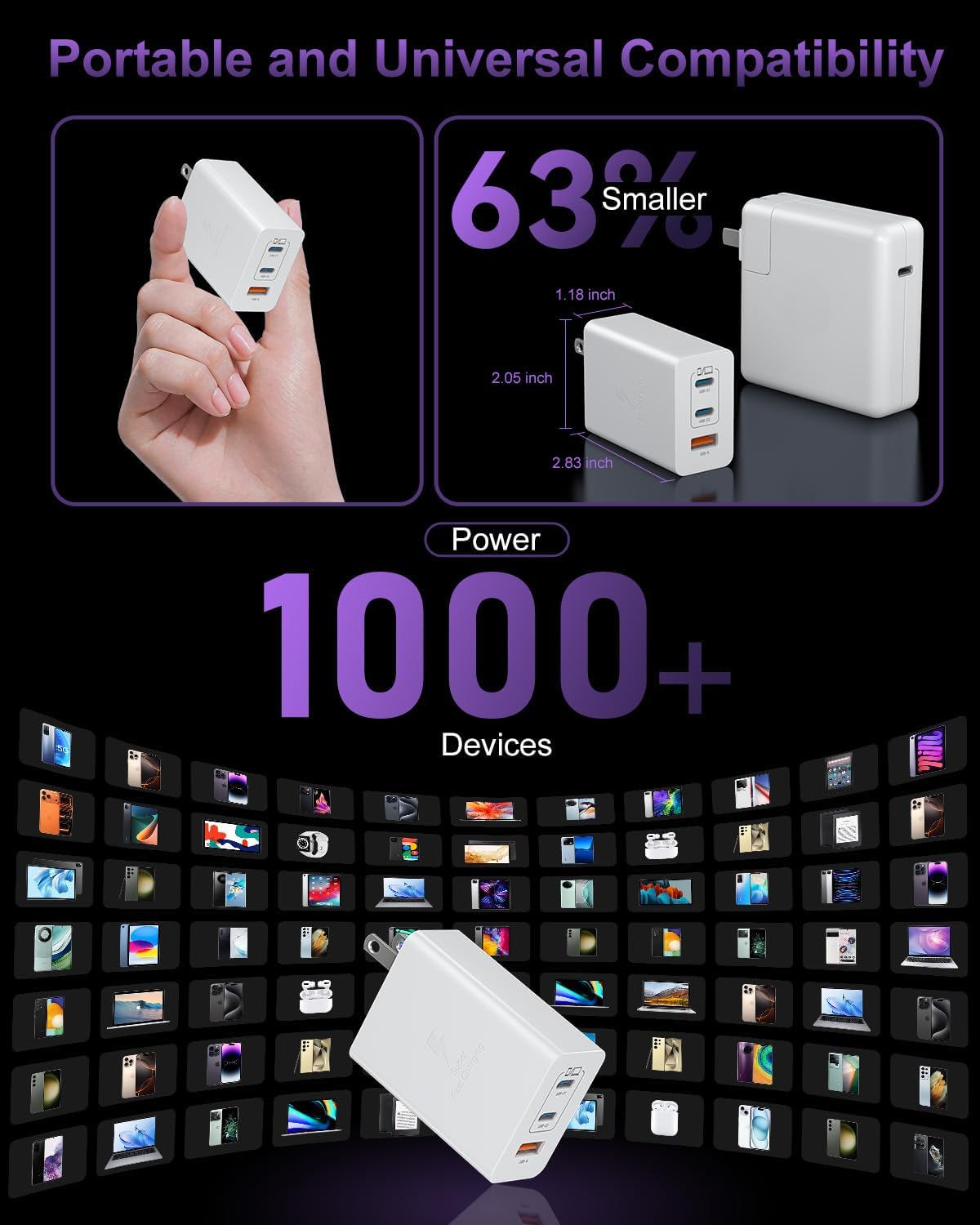 Thumbnail 5 de USB C Charger Block 100W 3-Port GaN Fast Charger