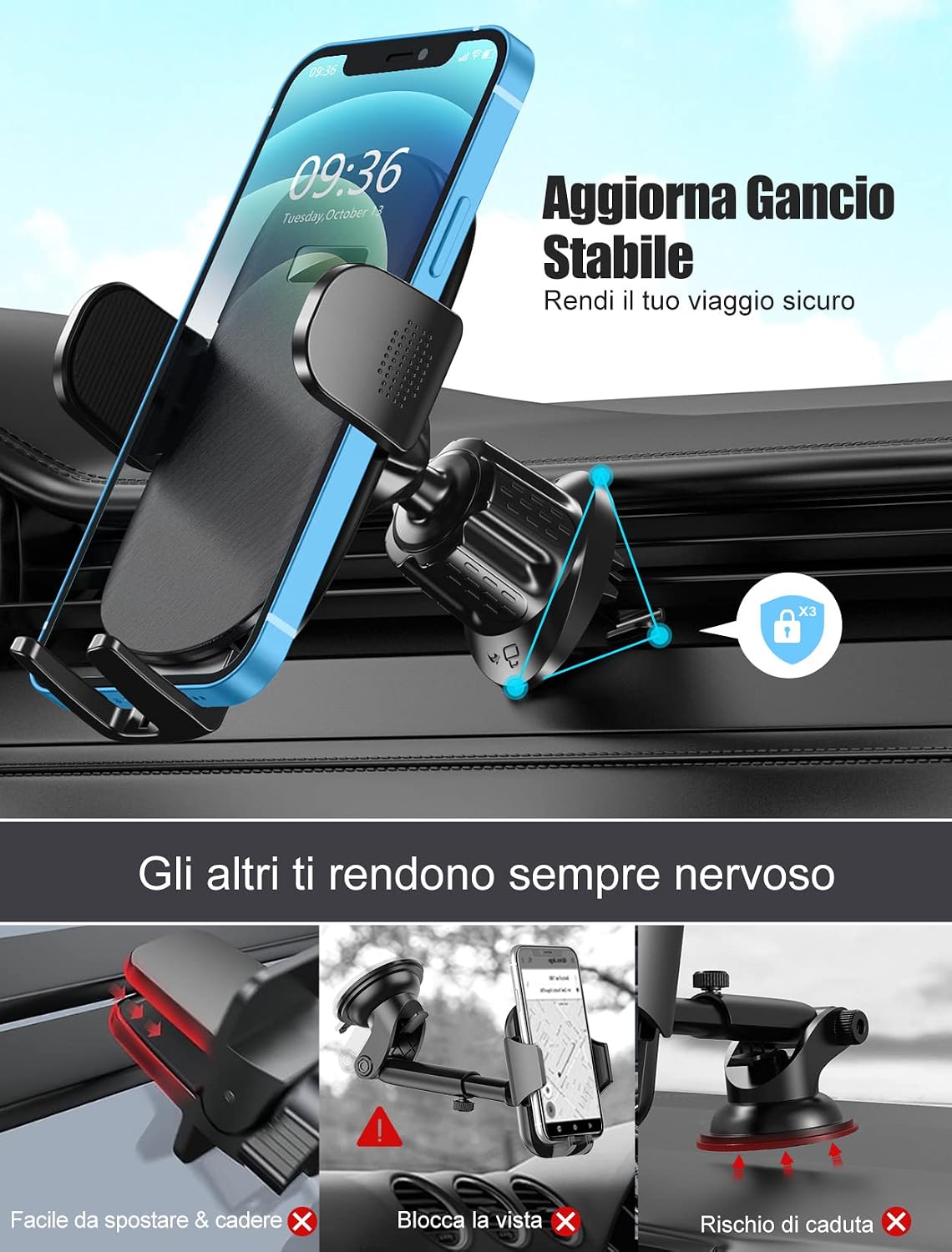 Thumbnail 4 de Glangeh Porta Cellulare Auto 360° – Gancio Aggiornato per Bocchette d'Aria (4"–7"): Compatibile con iPhone 17/16/15 e altri