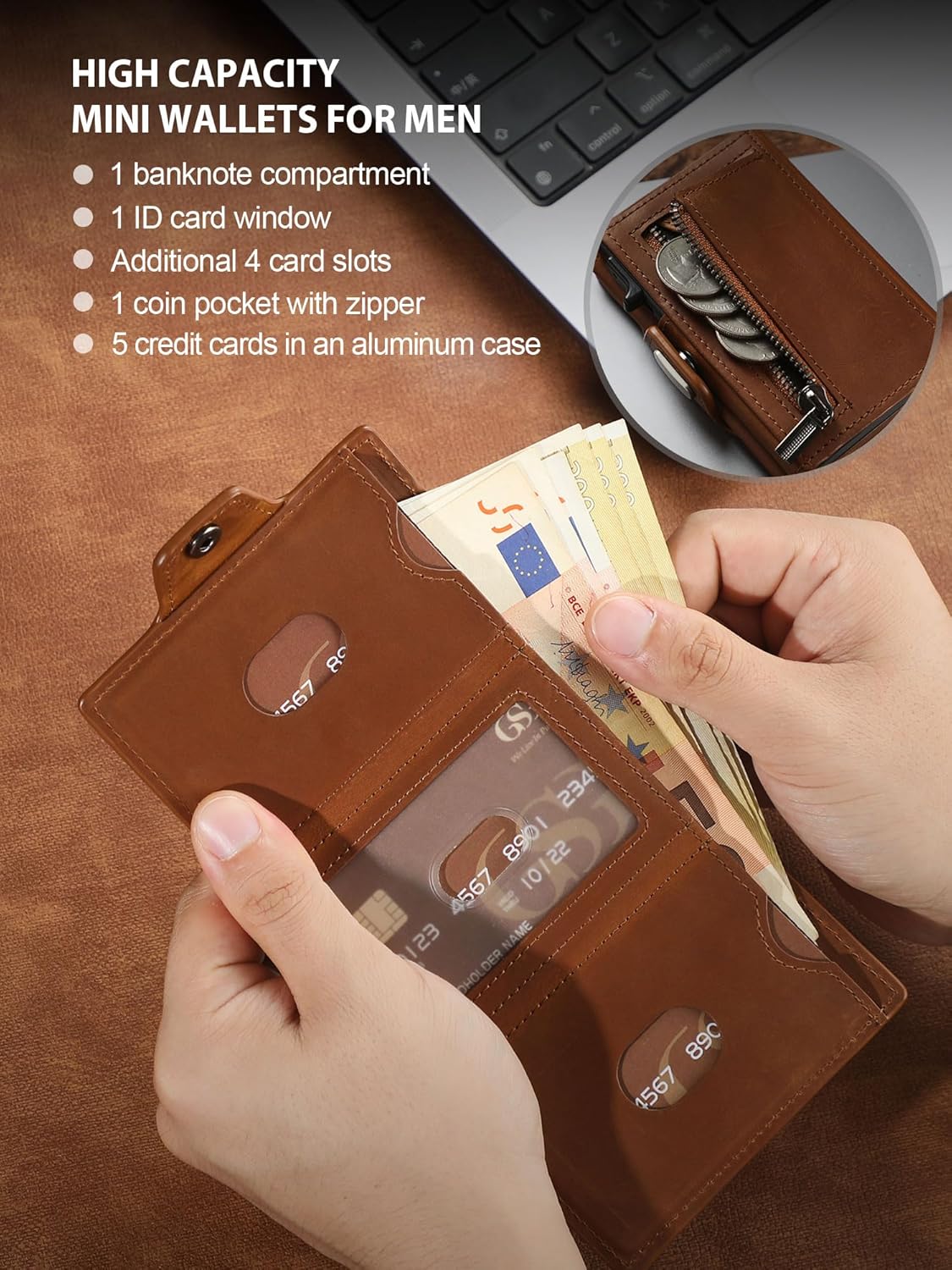 Detalle de GSG SINCE 1998 Men's Leather Wallet with RFID Blocking, Pop Up Card Holder and Coin Pocket