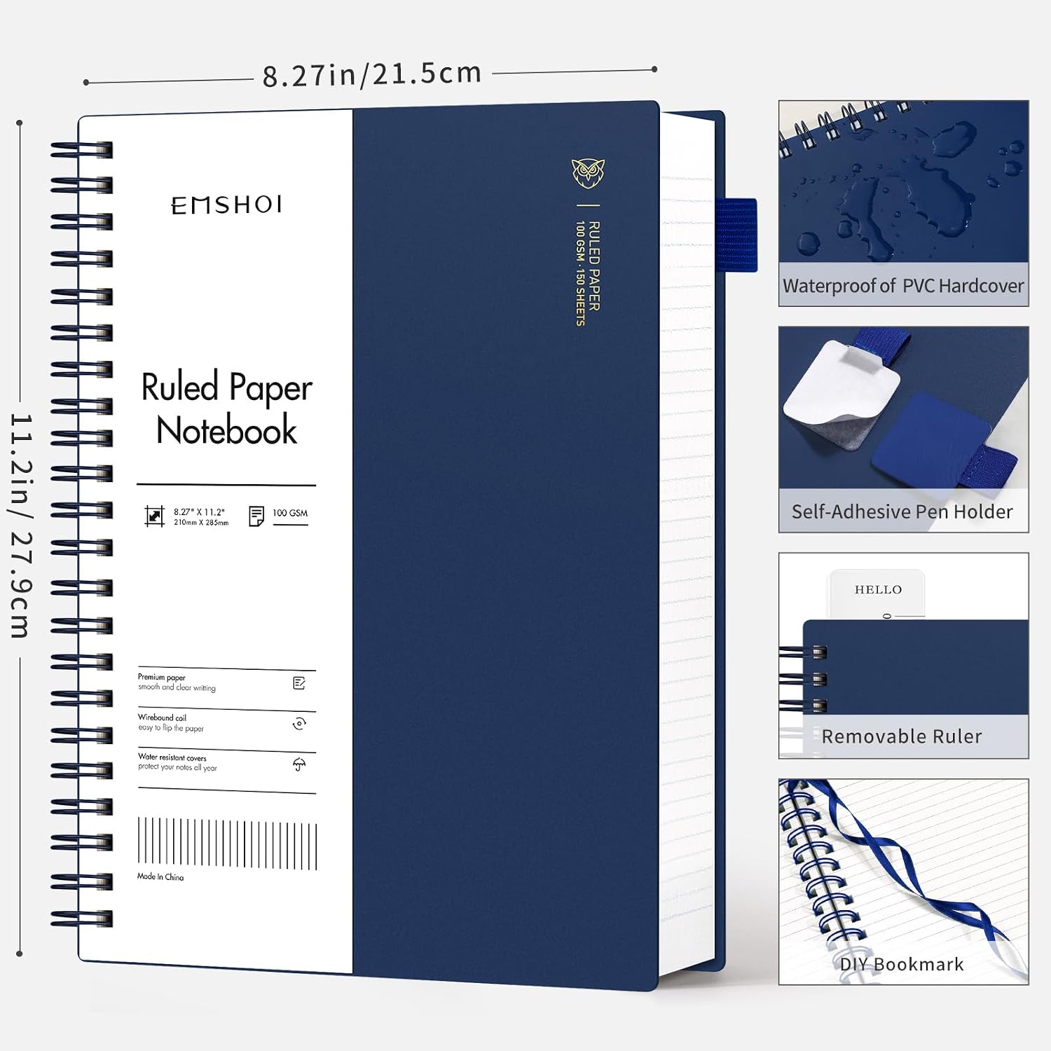 Thumbnail 2 de EMSHOI A4 Notebook College Ruled – Spiral, 300 Pages, PVC Cover, 21.5x27.9cm, Blue