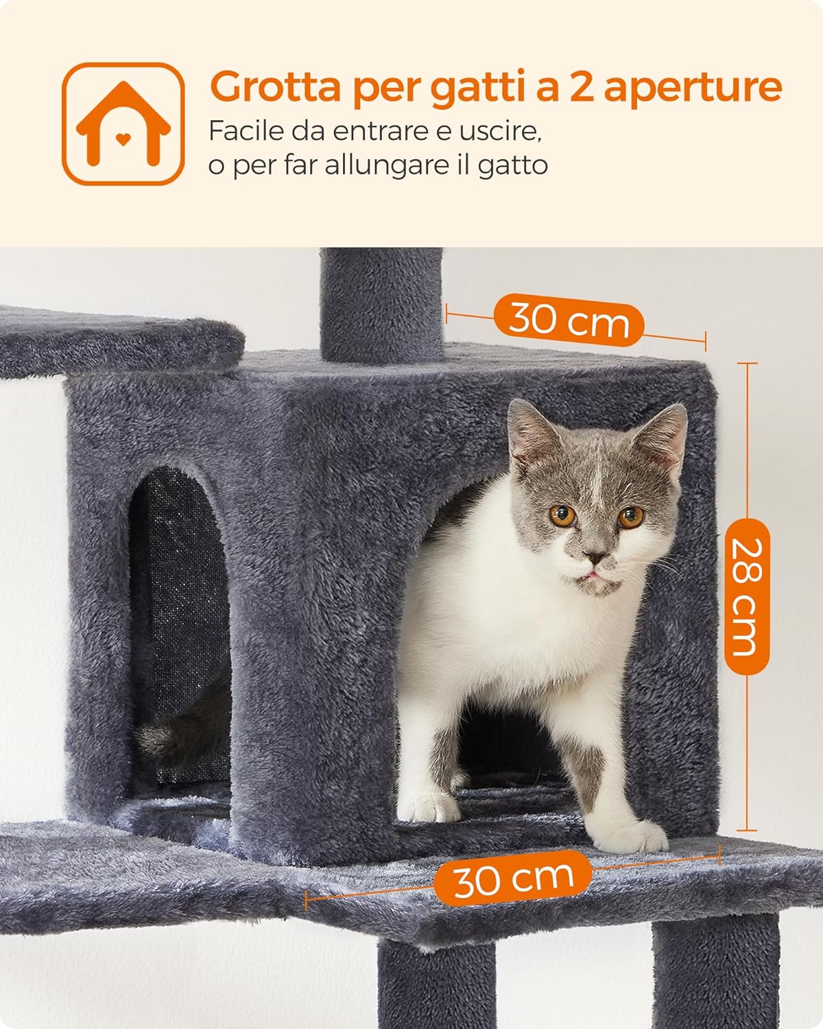 Detalle de Feandrea Albero per gatti alto 143 cm con 4 pali graffiatoi, amaca e grotta (PCT161G01) – Grigio fumo