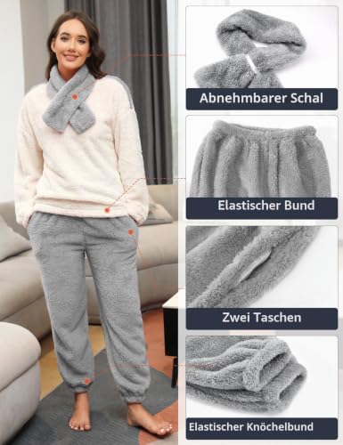 Detalle 2 de TOMEEK Damen Schlafanzug Set Winter Kuscheliger Polar Fleece – 3-teilig, Grau, Größe M
