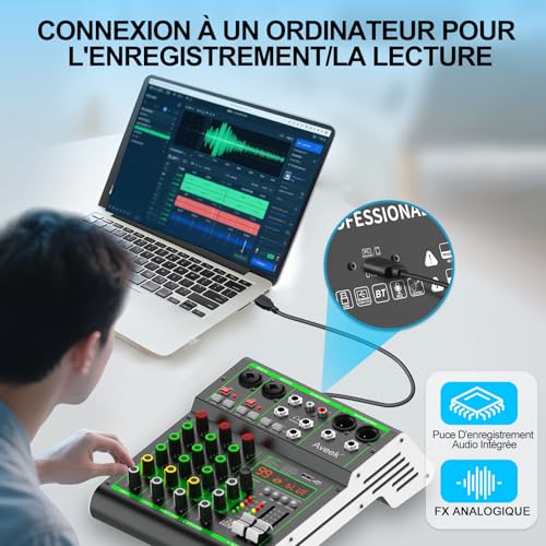 Detalle de Aveek Audio Mixer : Table de Mixage Professionnelle USB/Bluetooth 4 Canaux avec Phantom 48V et DSP