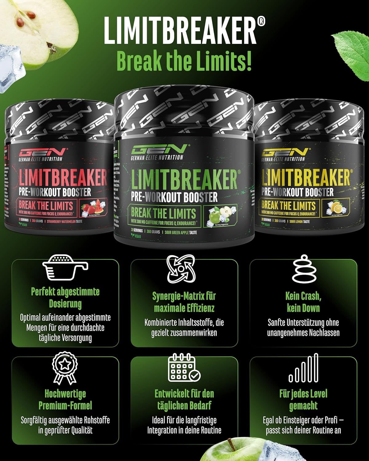 Detalle 2 de LIMITBREAKER® Pre Workout Booster mit Koffein 300 mg – Sour Green Apple, 360 g Pulver