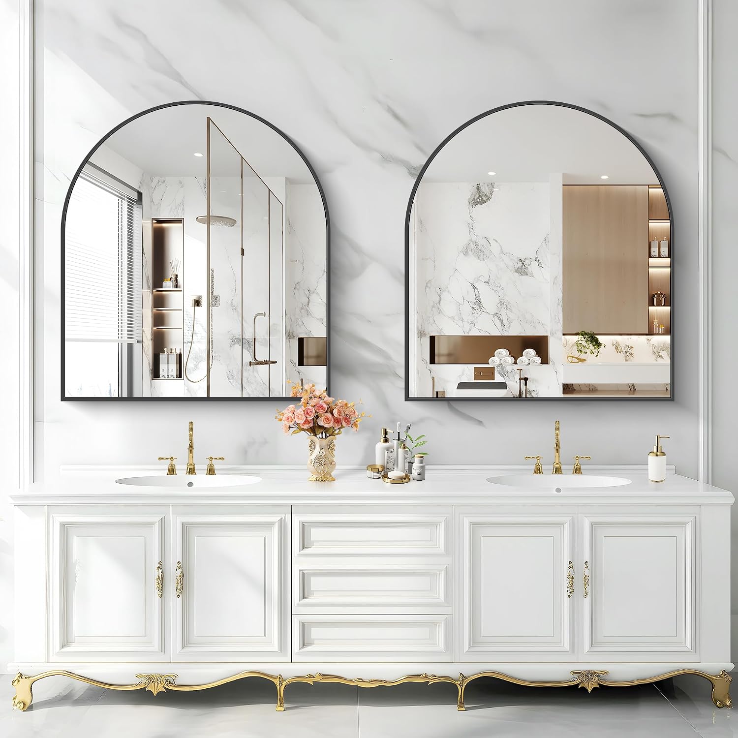 Detalle 2 de BONEWEI Arched Bathroom Mirror, 36 x 40-Inch Black Aluminum Frame
