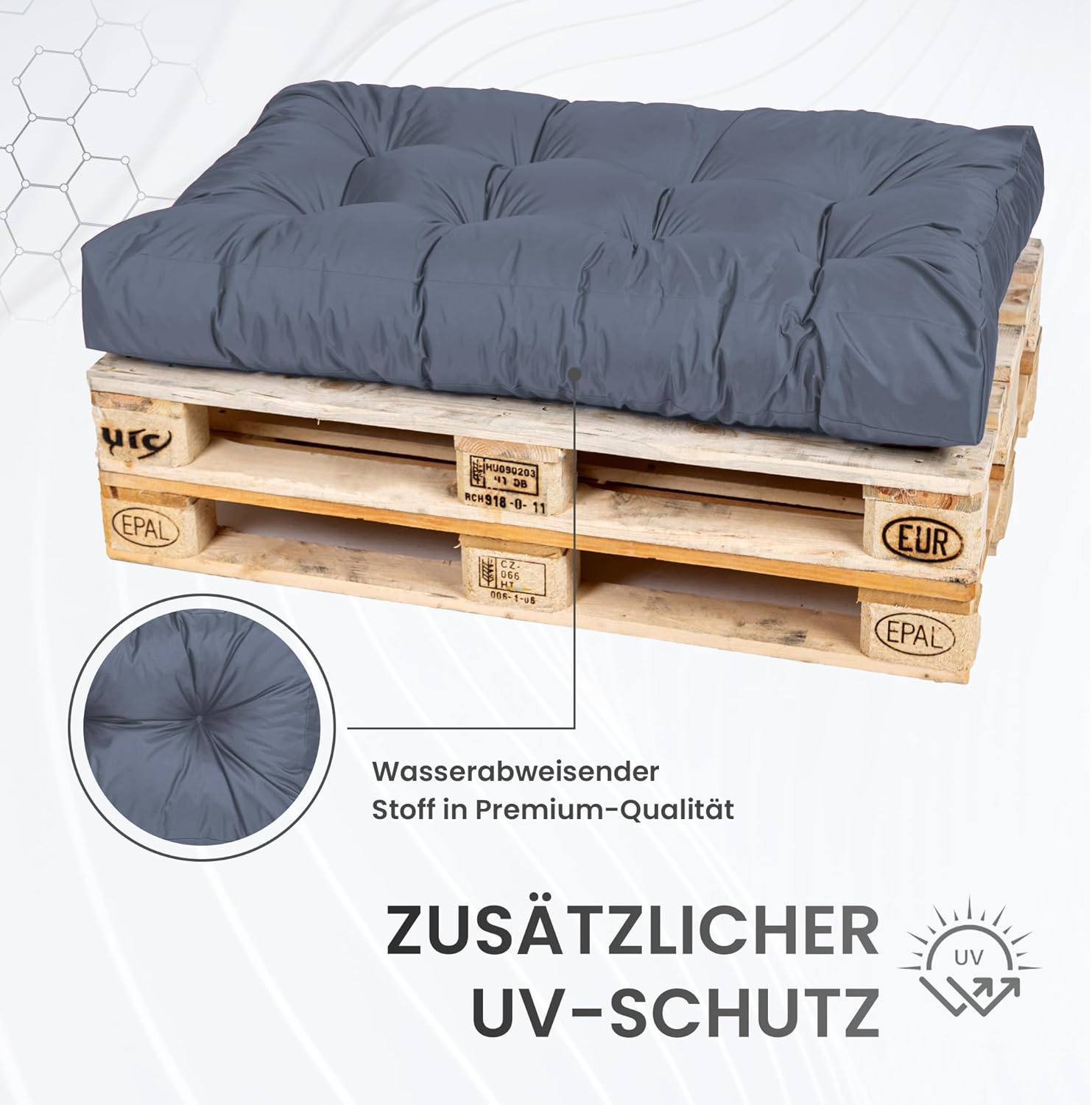 Detalle de TexDeko® Garden Palettenkissen 120x80x18 cm wasserabweisend & UV-beständig (7-teilig) – Sitzkissen für Europaletten, Grau